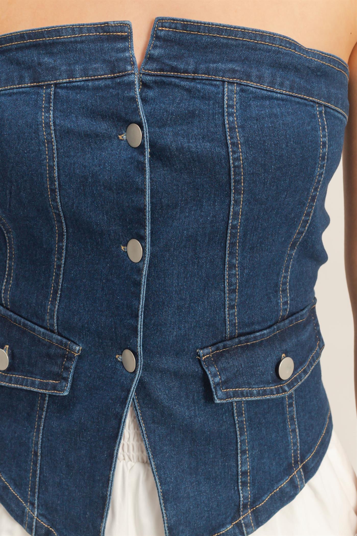 Wholesale Strapless Button-Up Denim Top Clothing Tops HF26A410 D.DENIM HYFVE