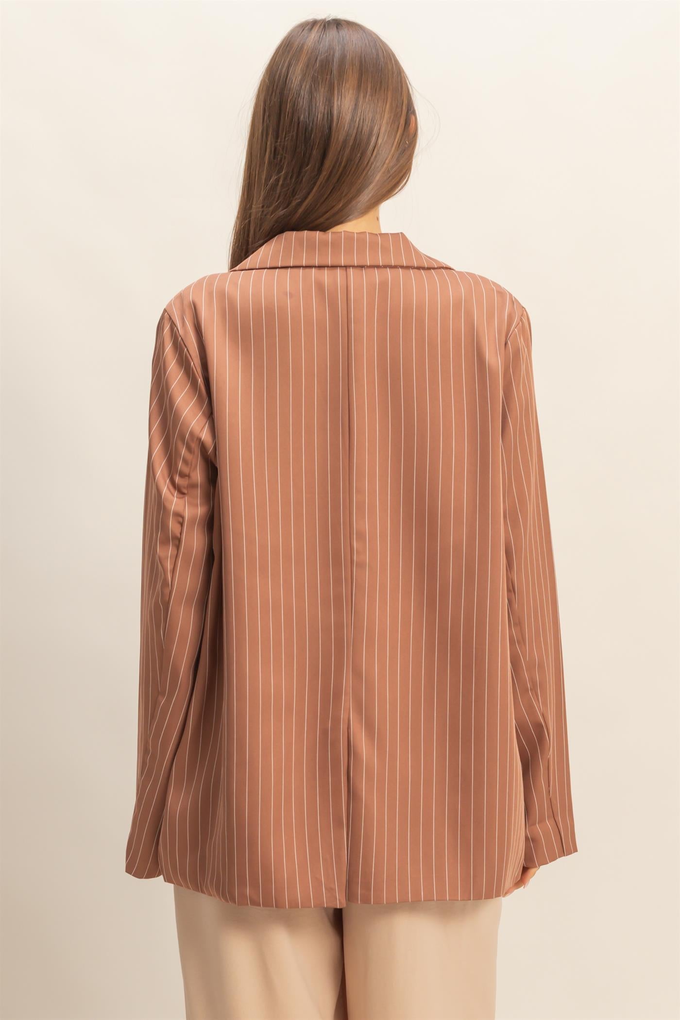 Wholesale Pin Stripe Oversized Blazer Coats & Jackets HF24A247 BROWN HYFVE