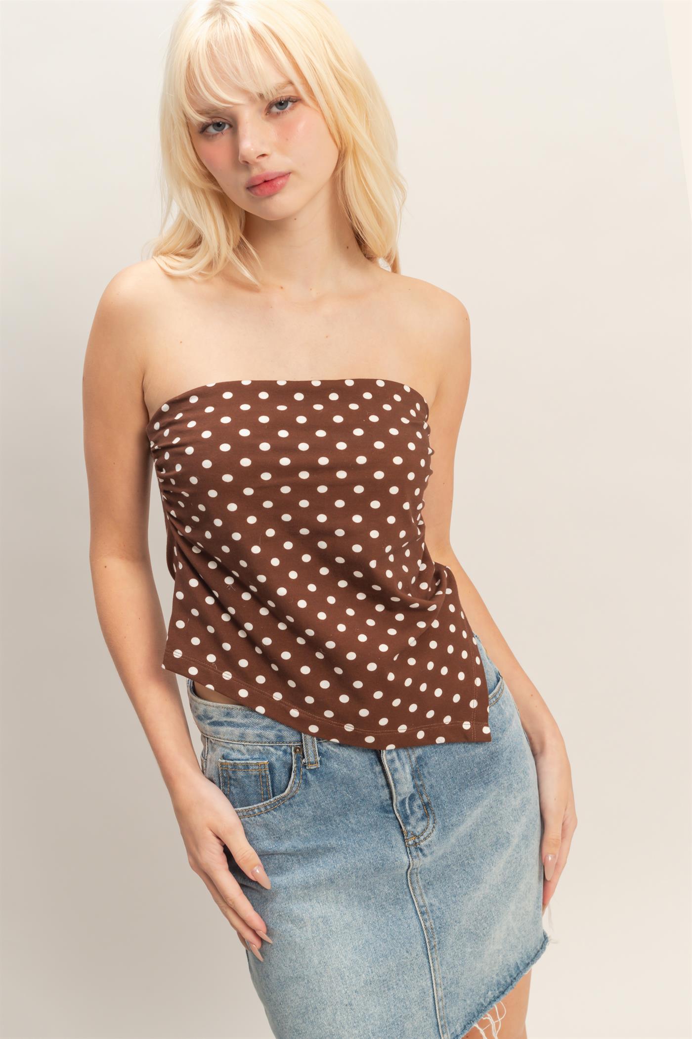 Wholesale Polka Dot Triangle Tube Top Clothing Tops DZ26C347 BROWN DOUBLE ZERO