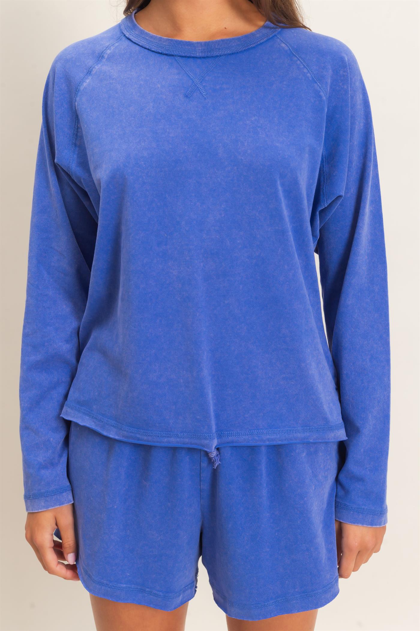 Wholesale Mineral Wash Long Sleeve Raw Edge Top & Shorts Set Clothing DZ26F403-SET COBALT DOUBLE ZERO