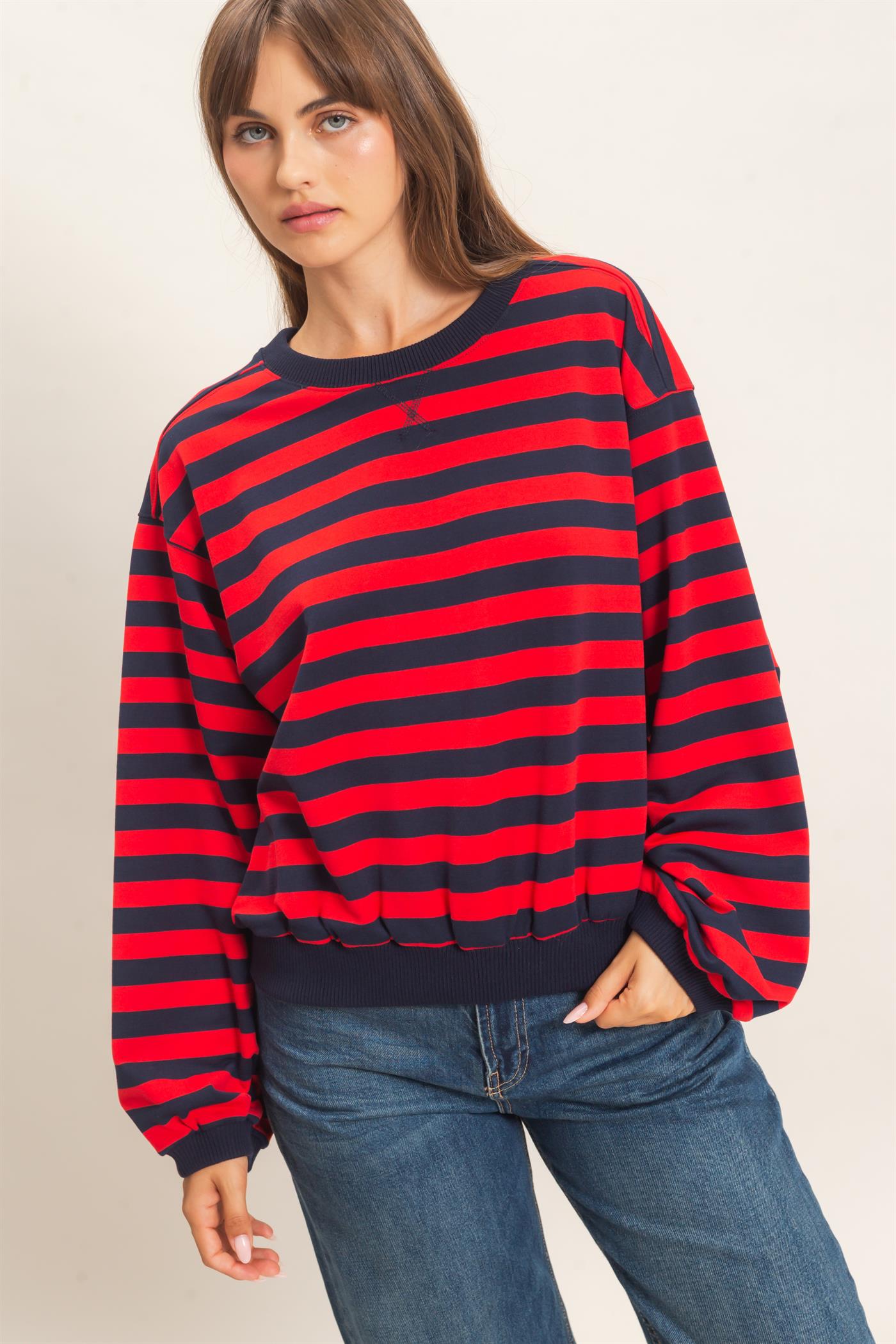 Wholesale Striped Crew Neck Sweatshirt Sweatshirts HF26E010 RED HYFVE