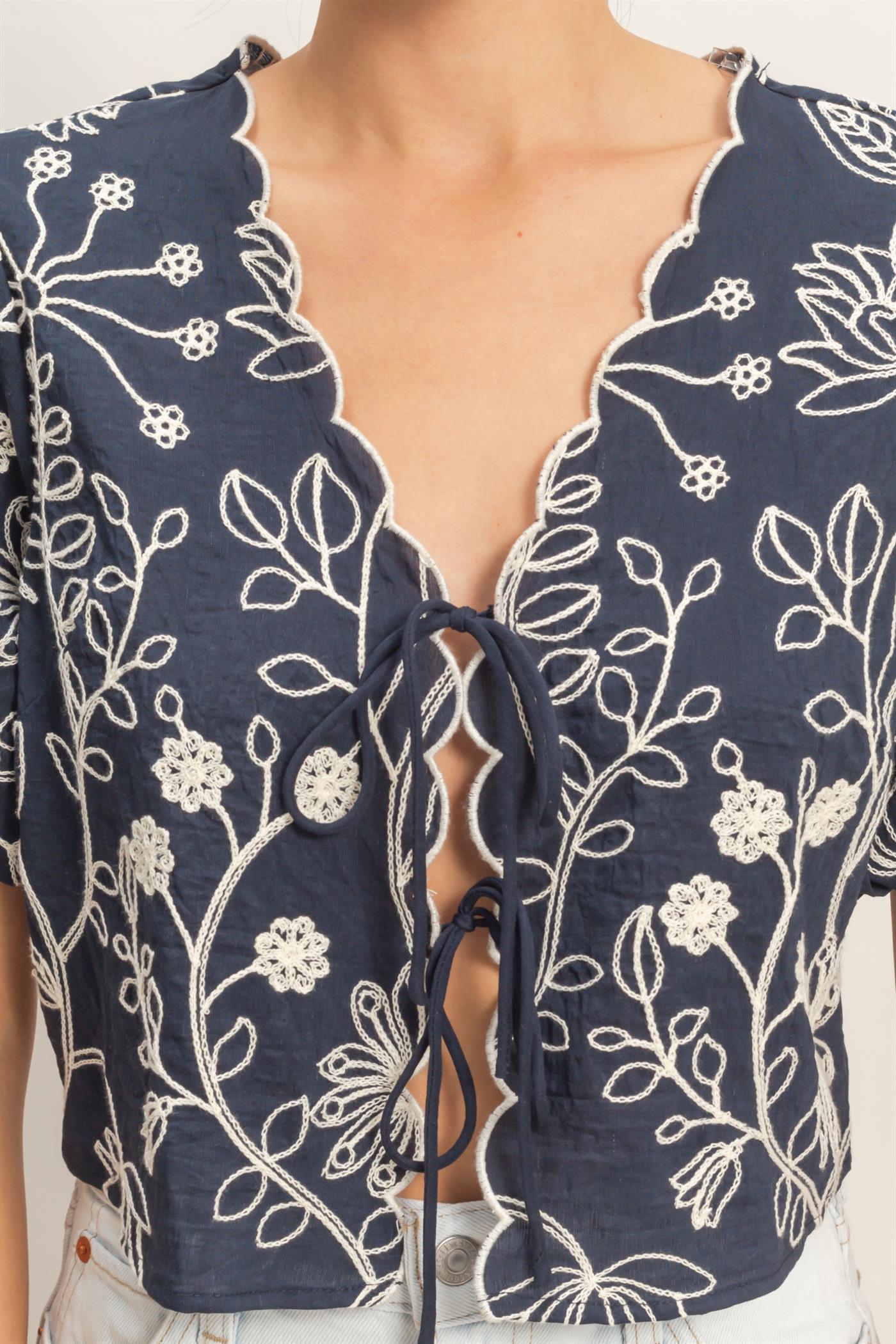 Wholesale Floral Embroidered Tie-Front Top Blouses HF26C556-D NAVY HYFVE