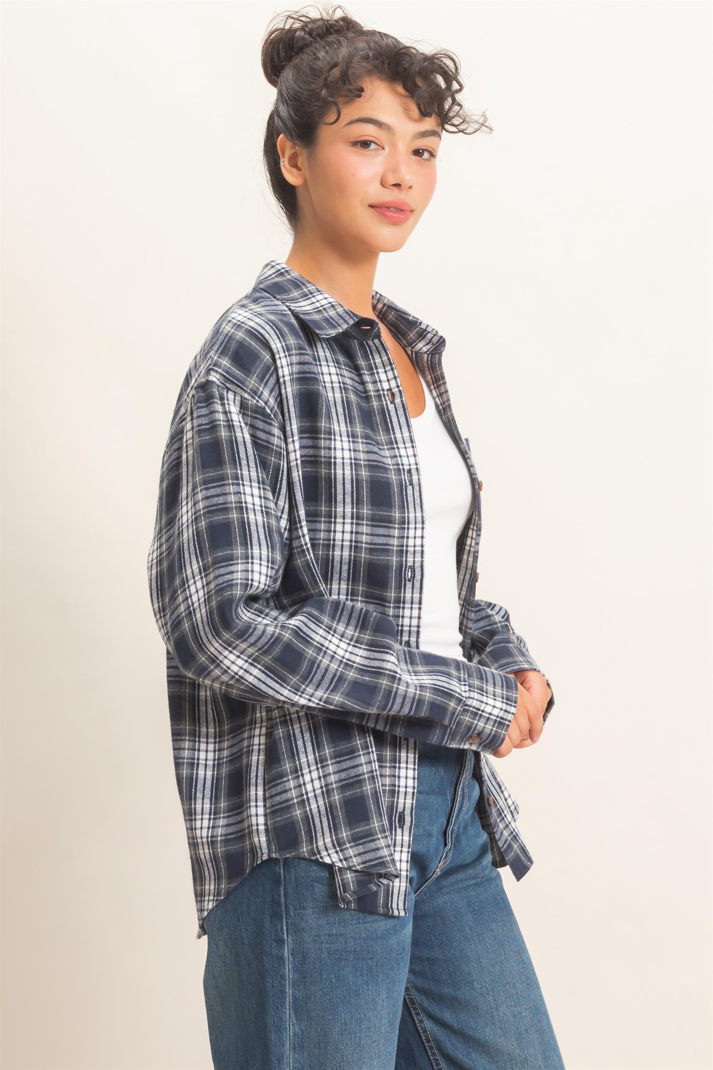 Wholesale Plaid Long Sleeve Shirt Shirts DZ26F275 NAVY DOUBLE ZERO