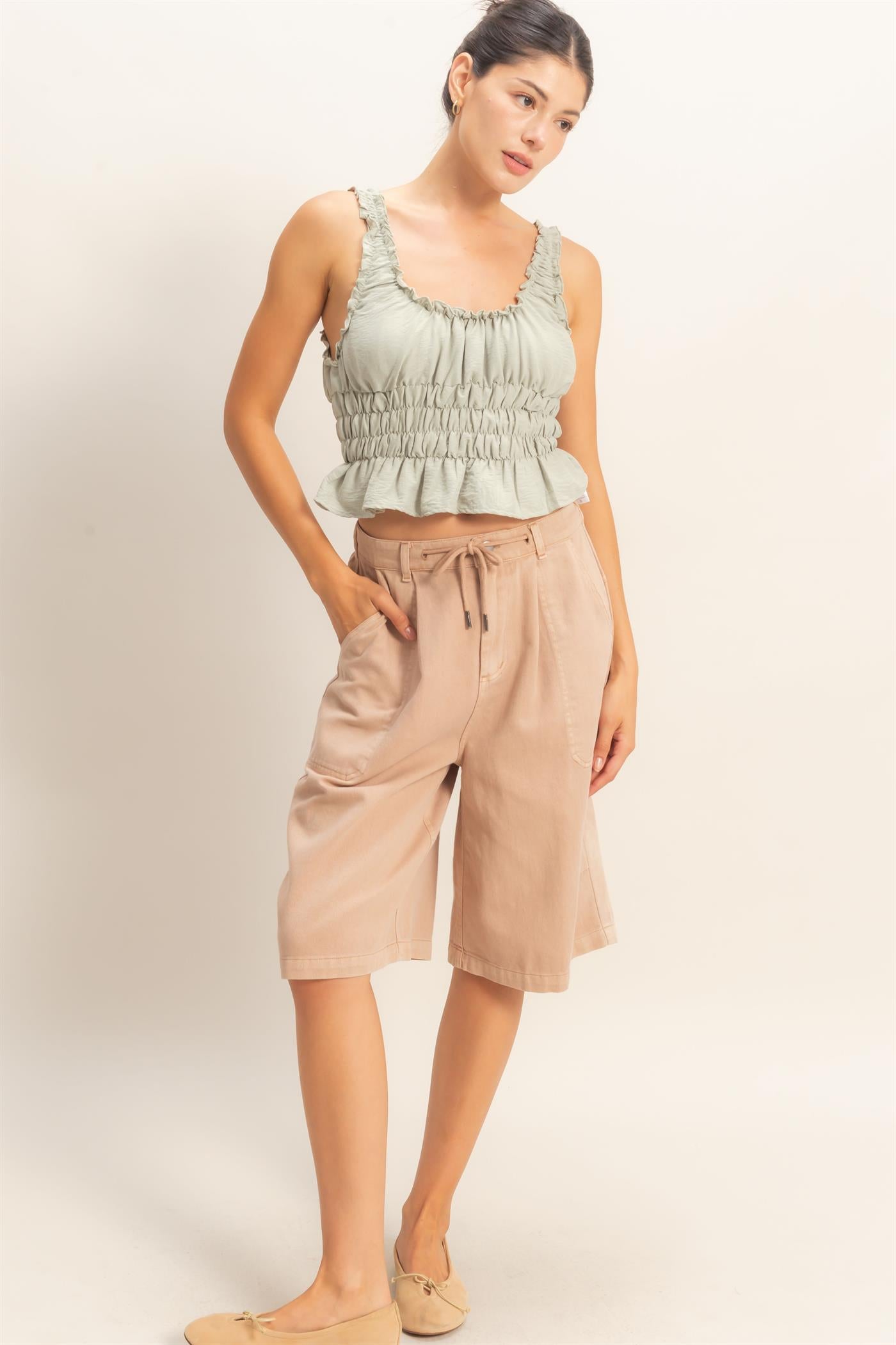 Wholesale Drawstring Waist Wide Leg Jorts Shorts DZ26F283 DARK TAUPE DOUBLE ZERO