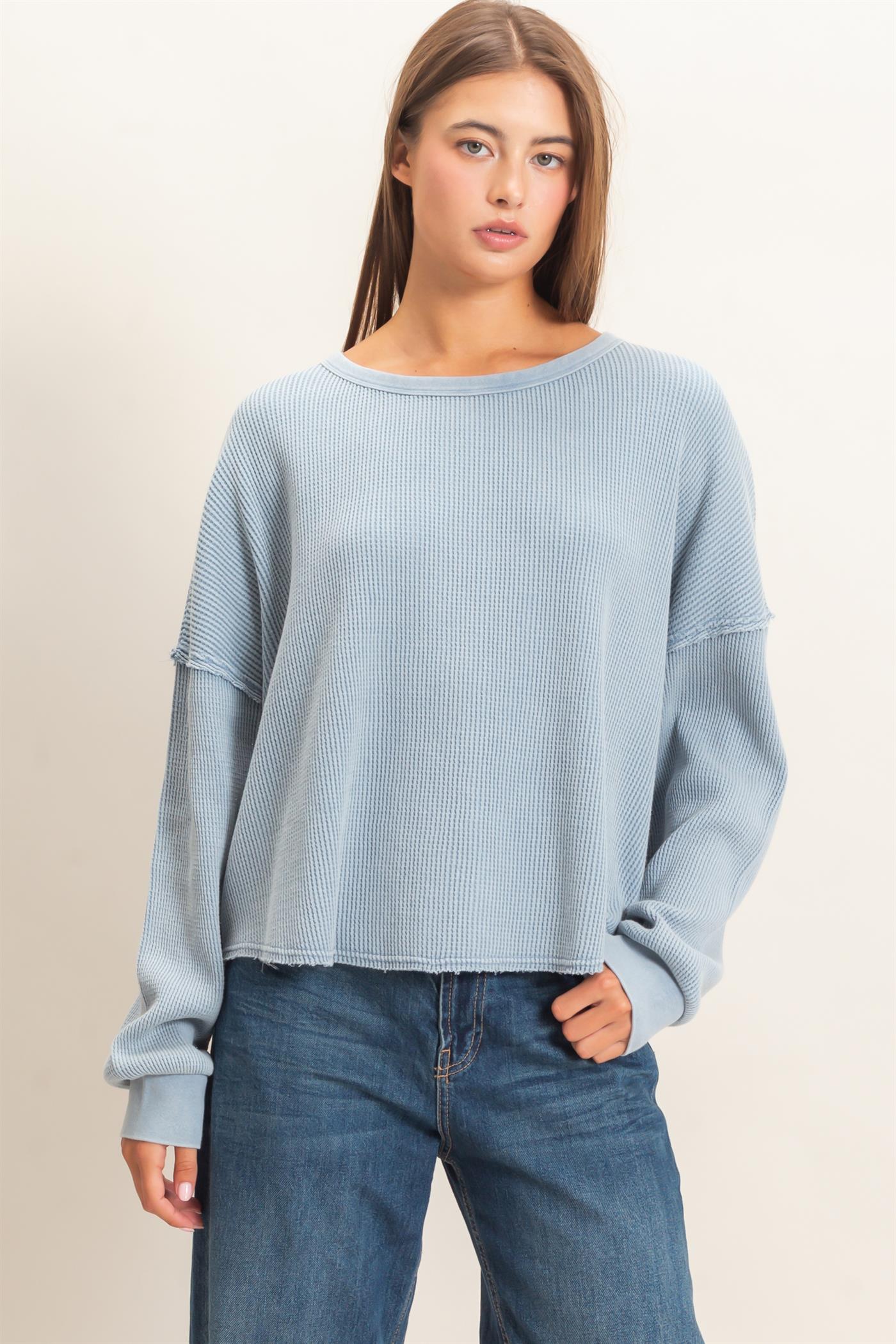Wholesale Mineral Wash Waffle Oversized Top Clothing Tops DZ26E248 DUSTY BLUE DOUBLE ZERO