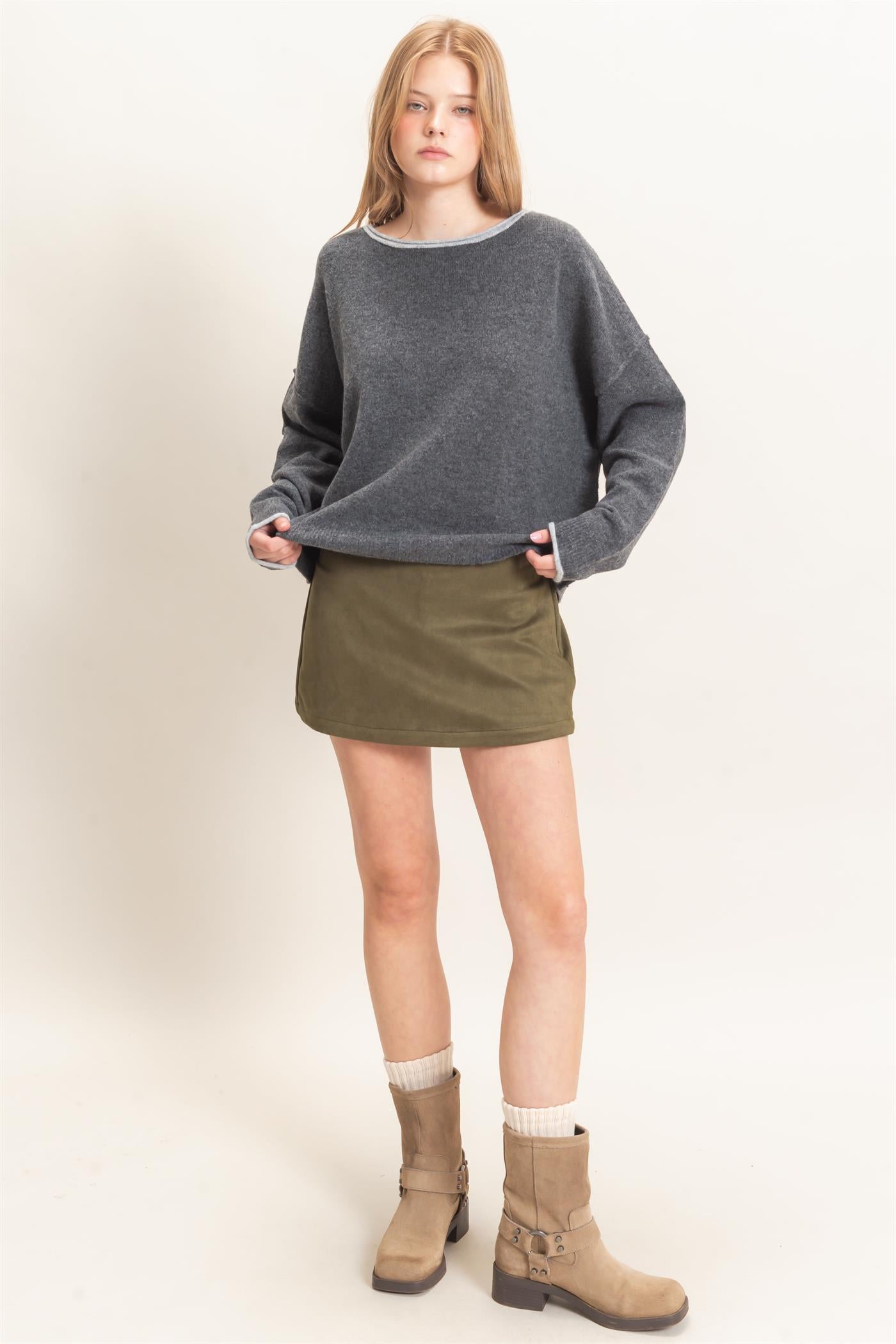 Wholesale Relaxed Wide Neck Knit Sweater Sweaters HF26E066-D CHARCOAL HYFVE