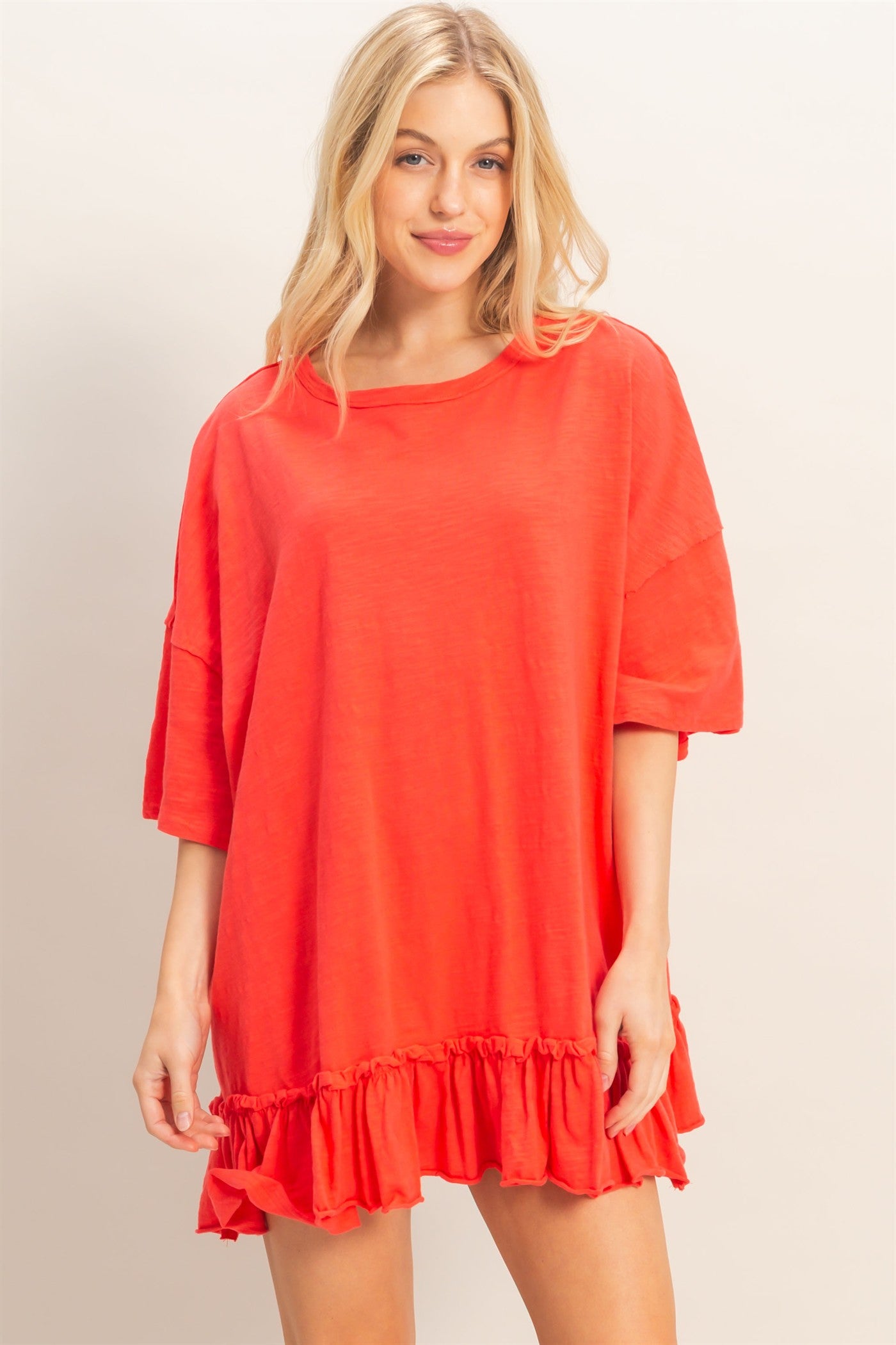 Wholesale Ruffled Hem Oversized Tunic Dresses HF26A785 ORANGE RED HYFVE