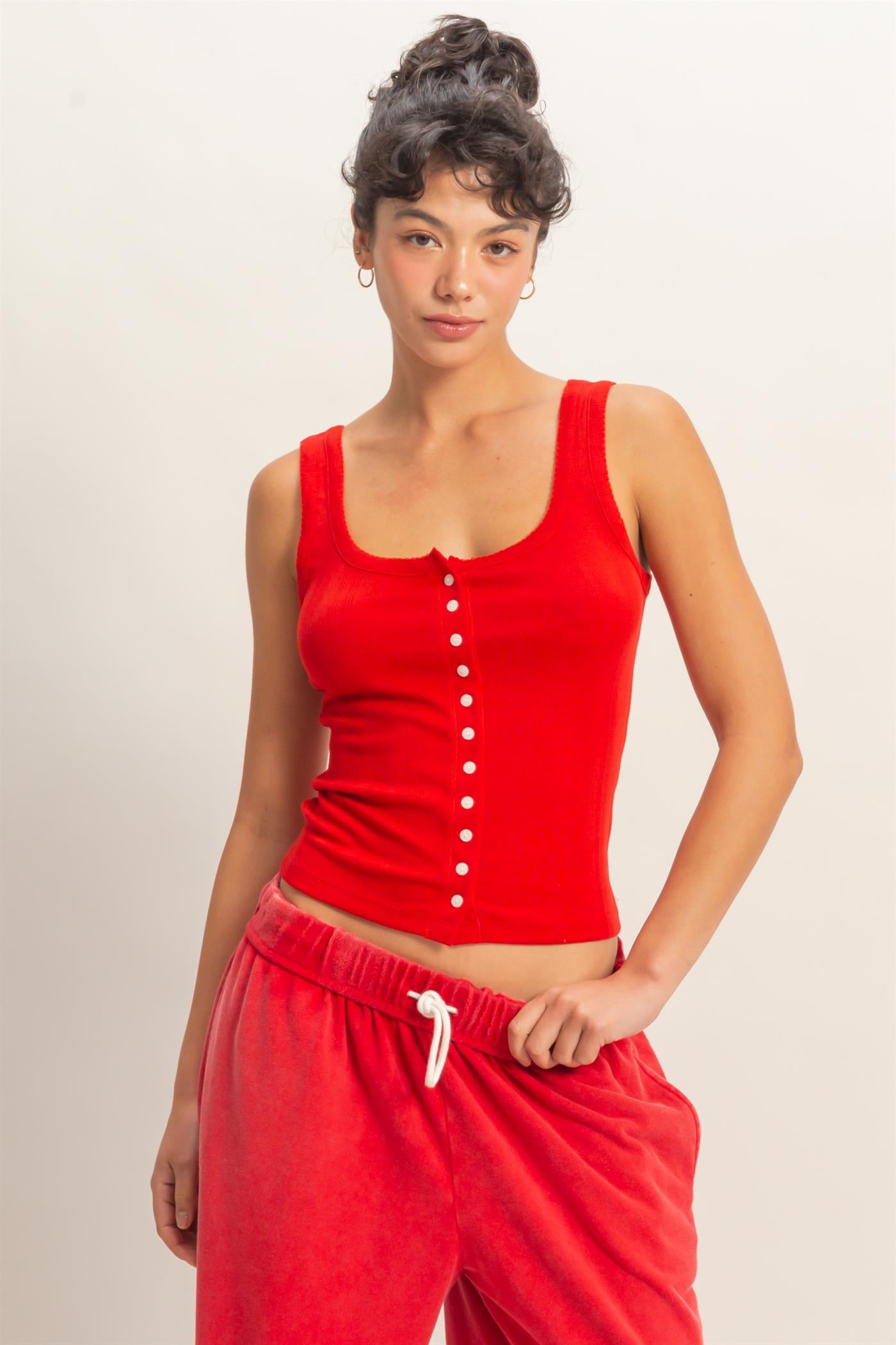 Wholesale Pointelle Button Front Scoop Neck Tank Top Tank Tops DZ26A775 RED DOUBLE ZERO