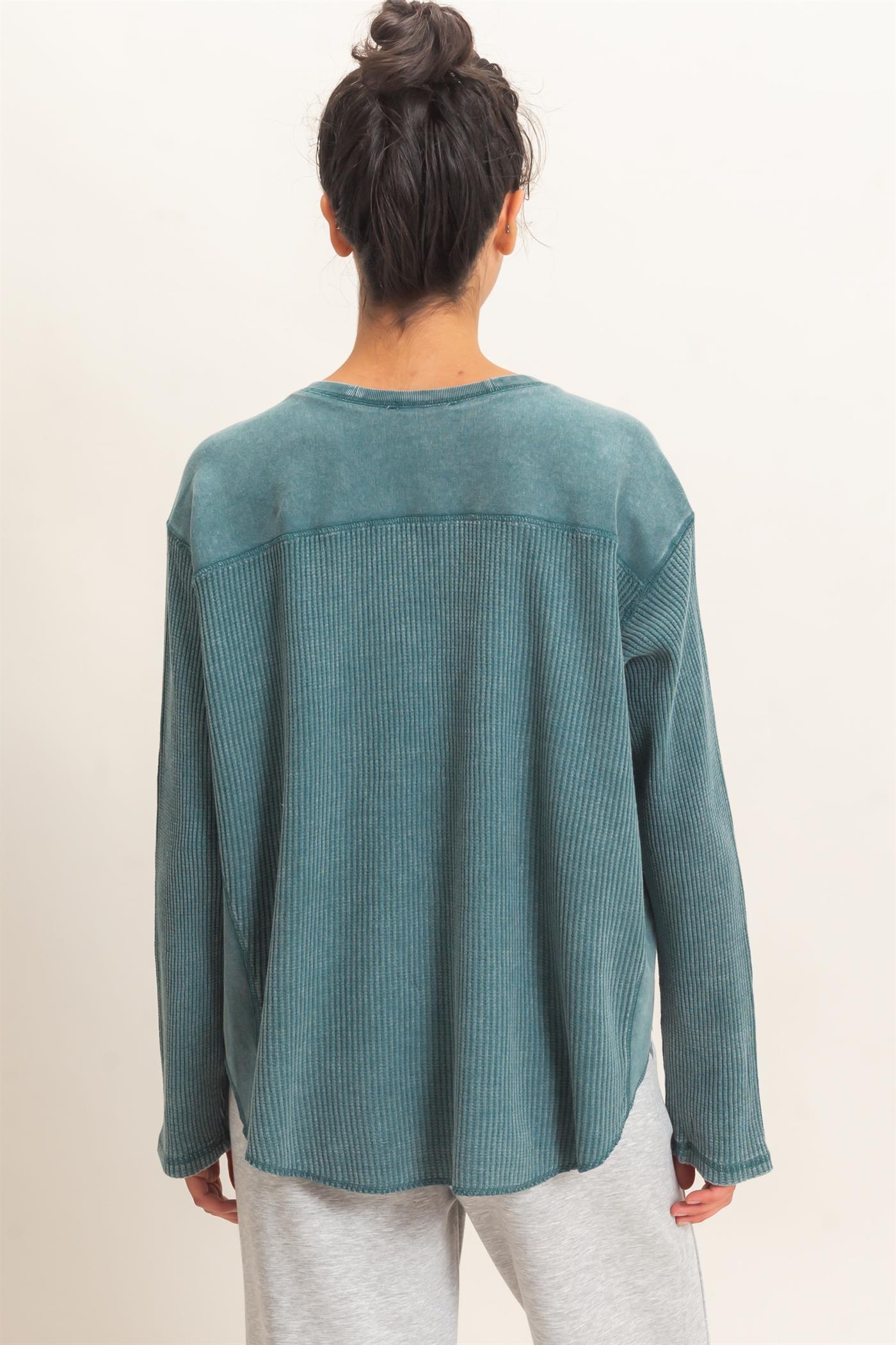 Wholesale Oversized Mineral Washed Waffle Knit Top Clothing Tops DZ26E654 DARK TEAL DOUBLE ZERO
