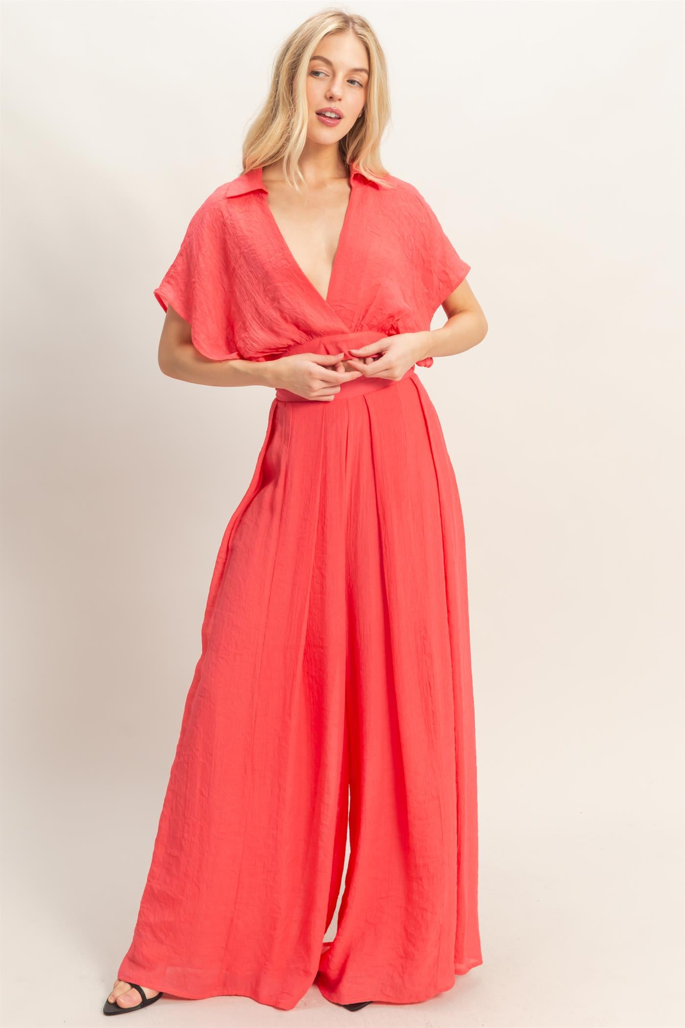 Wholesale Collared Wrap Top & Wide-Leg Pants Set Clothing HF26C286-SET-D CORAL RED HYFVE