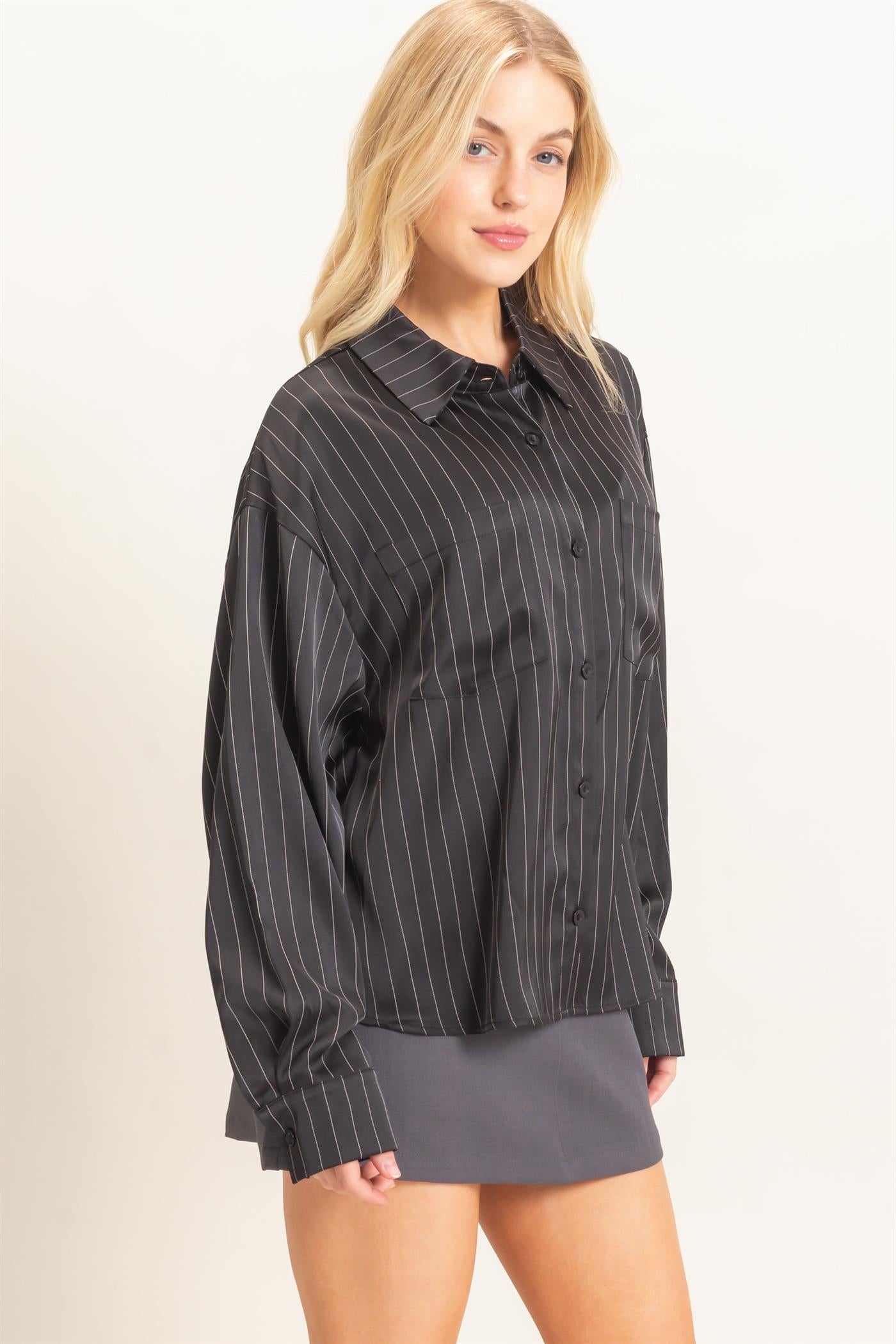 Wholesale Striped Button-Up Blouse Blouses HF26C953 BLACK HYFVE