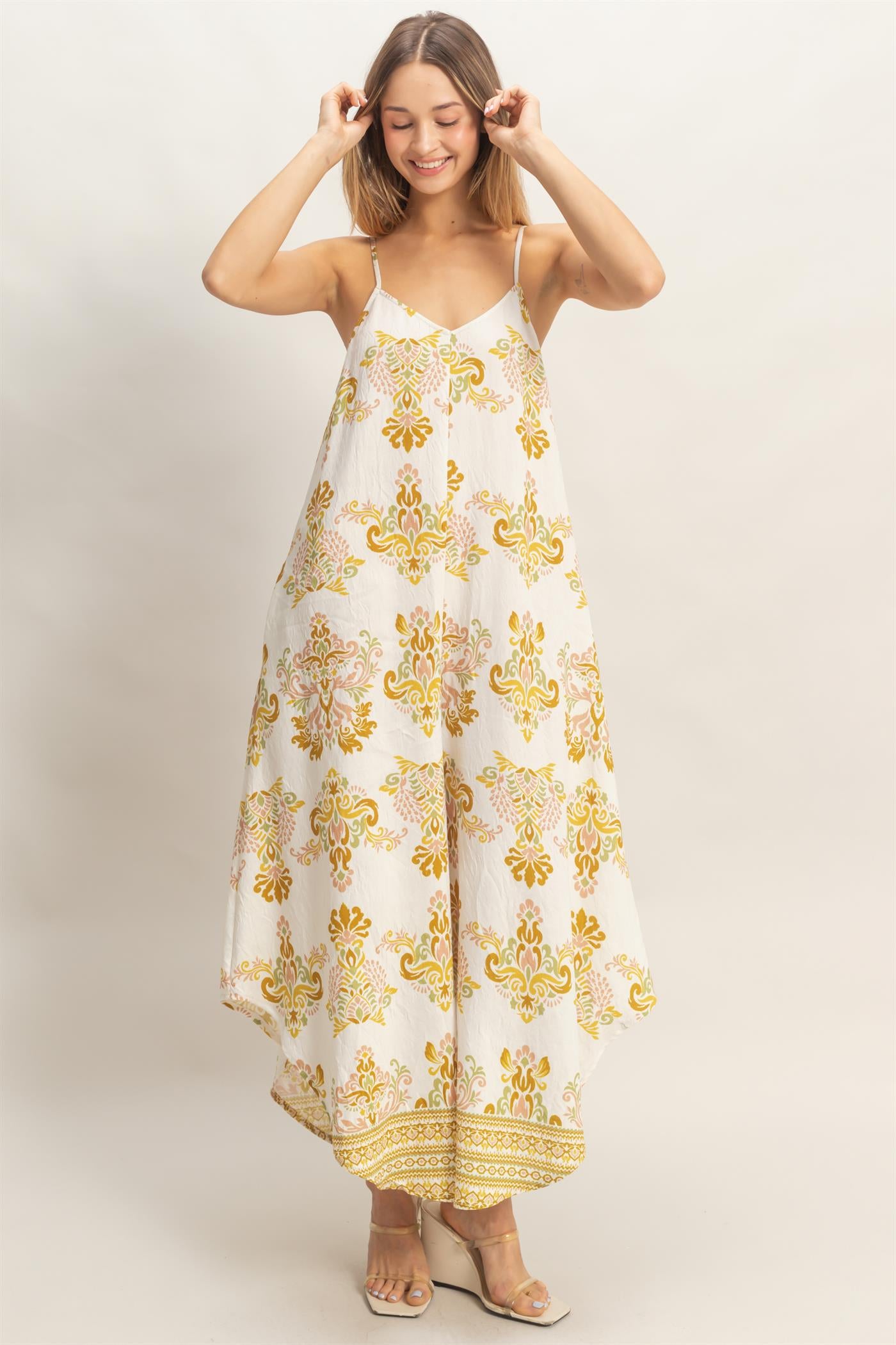 Wholesale Floral Print Spaghetti Jumpsuit Clothing HF26C357-D MUSTARD HYFVE
