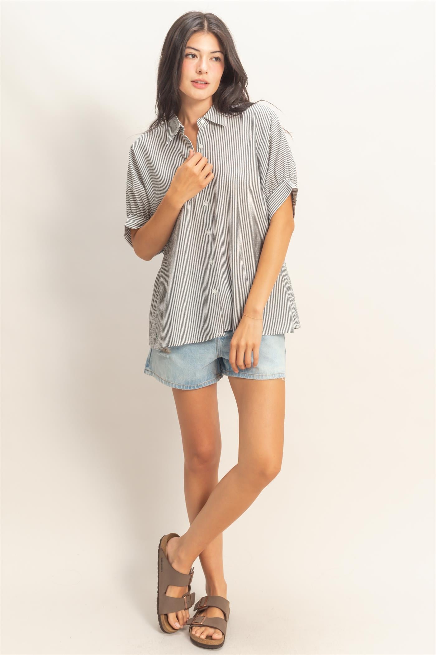 Wholesale Striped Short Sleeve Button-Front Blouse T-Shirts DZ26C276 BLACK DOUBLE ZERO