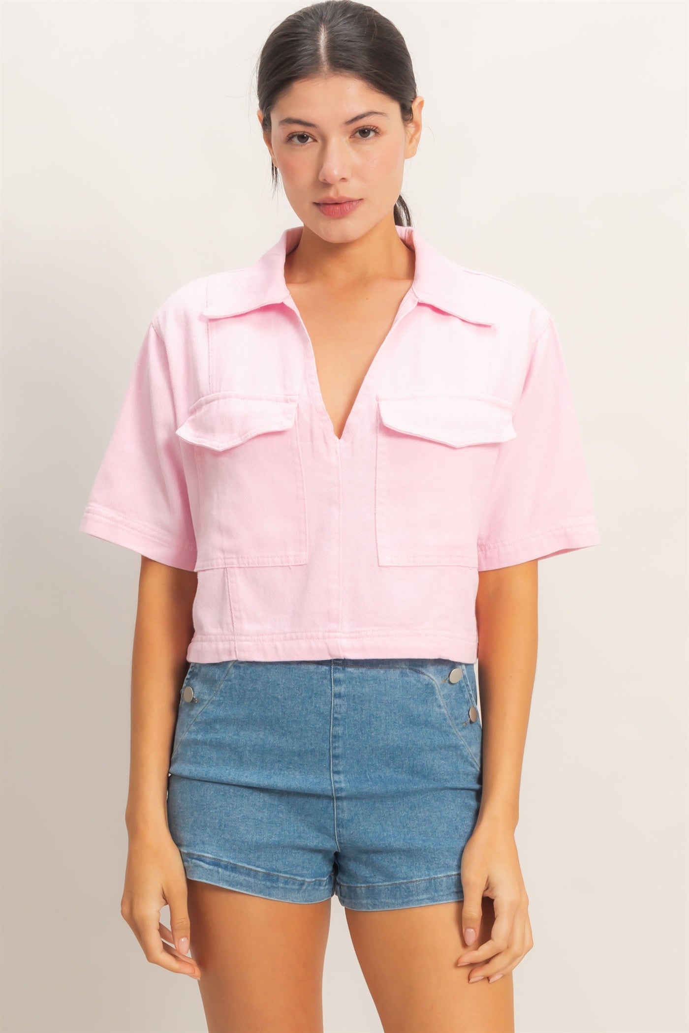 Wholesale Collared V-Neck Top Clothing Tops HF26E444 LIGHT PINK HYFVE