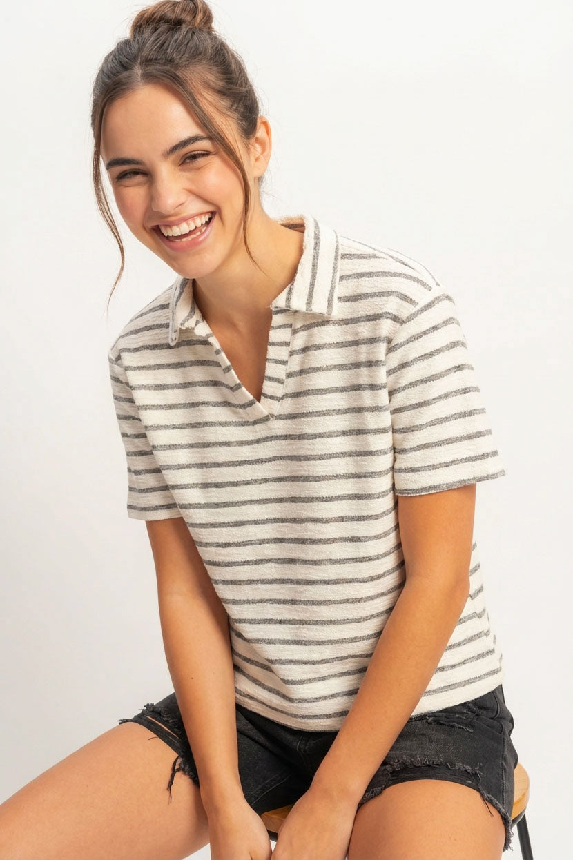 Wholesale Striped Polo Neck Short Sleeve Top Clothing Tops DZ25C161 BLACK/CREAM DOUBLE ZERO