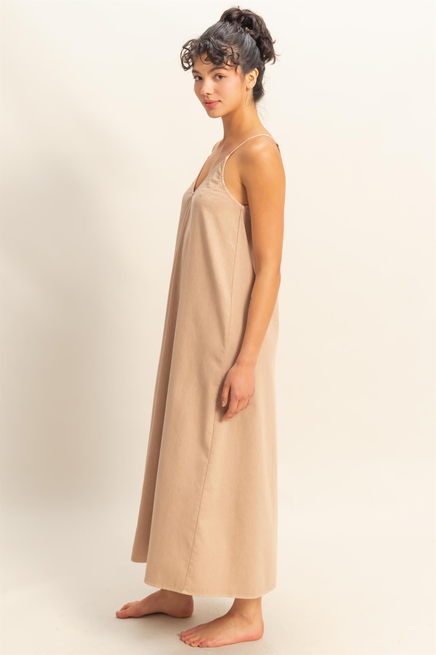 Wholesale Dyed V-Neck Loose Maxi Dress Dresses DZ24C964 DARK TAUPE DOUBLE ZERO