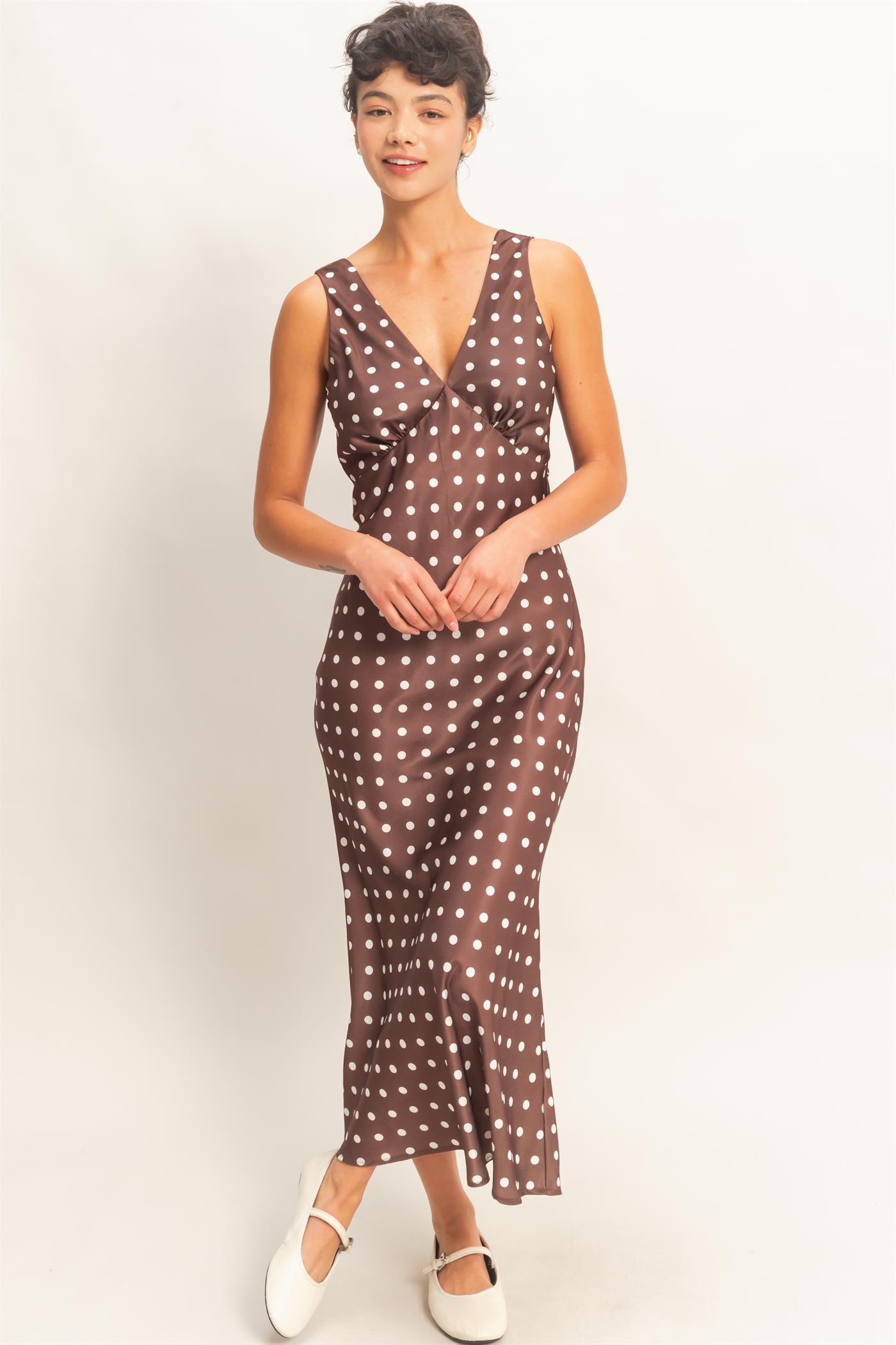Wholesale Polka Dot Sleeveless Maxi Dress Dresses DZ25E063 CHOCOLATE DOUBLE ZERO