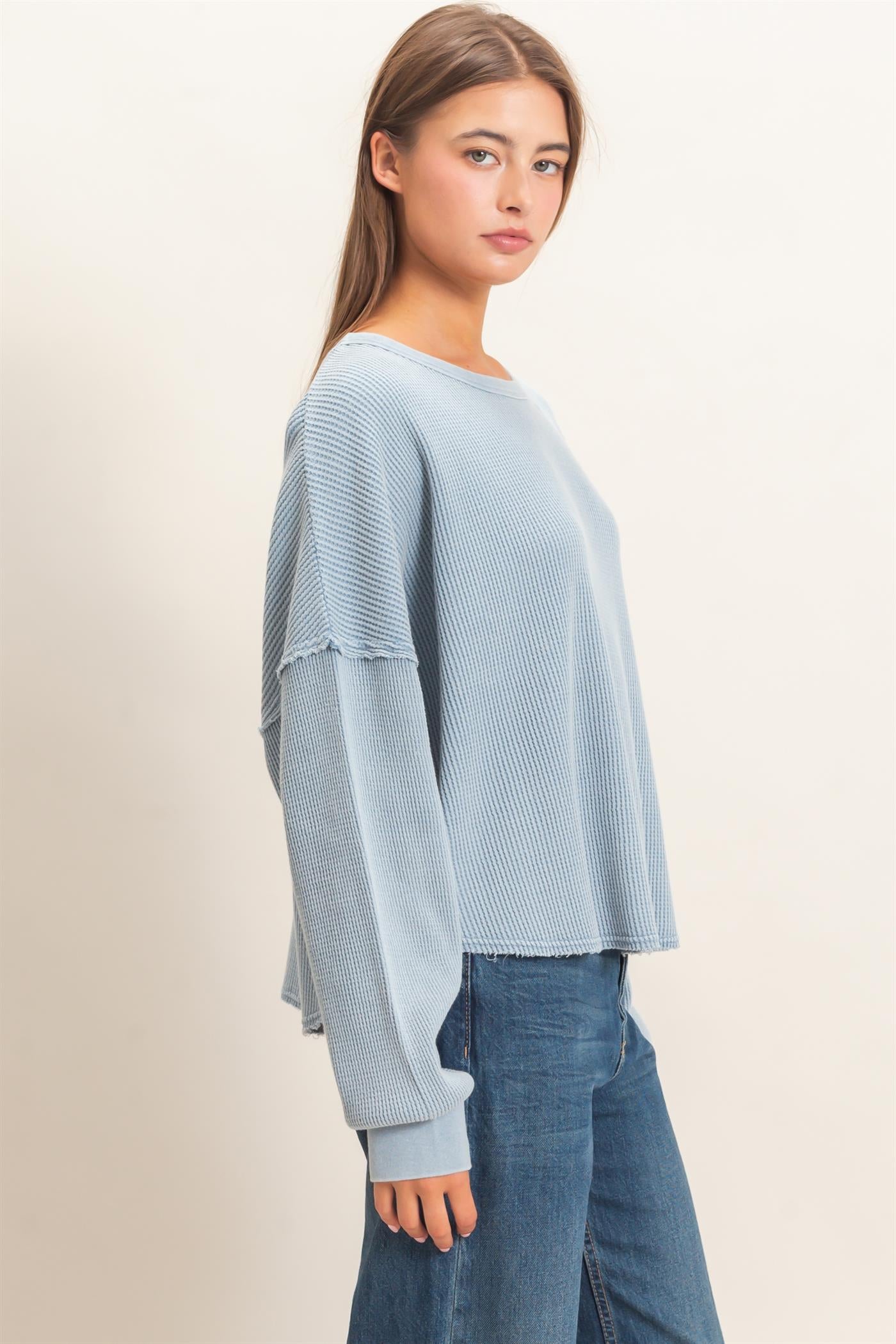 Wholesale Mineral Wash Waffle Oversized Top Clothing Tops DZ26E248 DUSTY BLUE DOUBLE ZERO