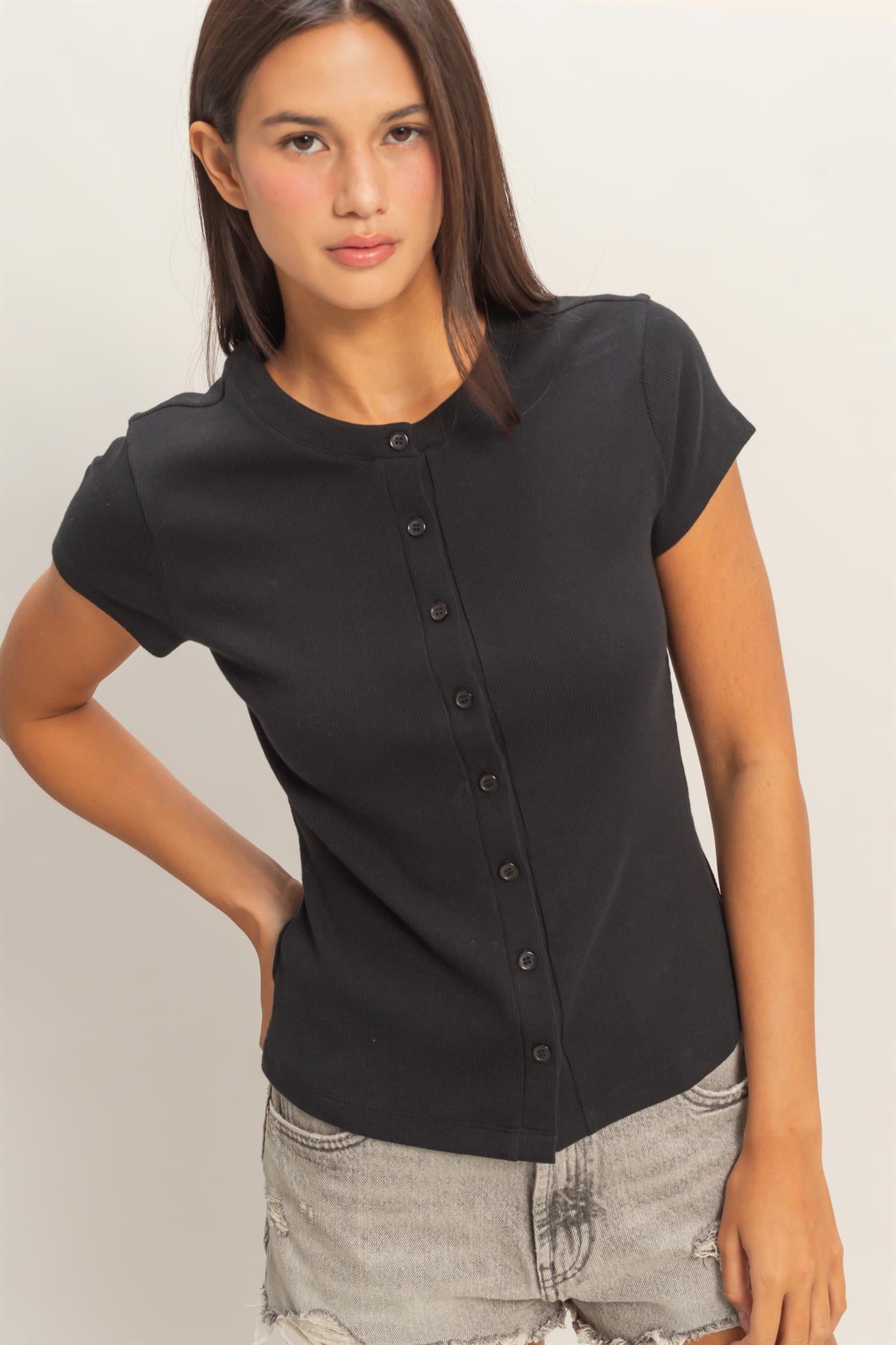 Wholesale Ribbed Button-Front Crew Neck Top Clothing Tops DZ26A727 BLACK DOUBLE ZERO