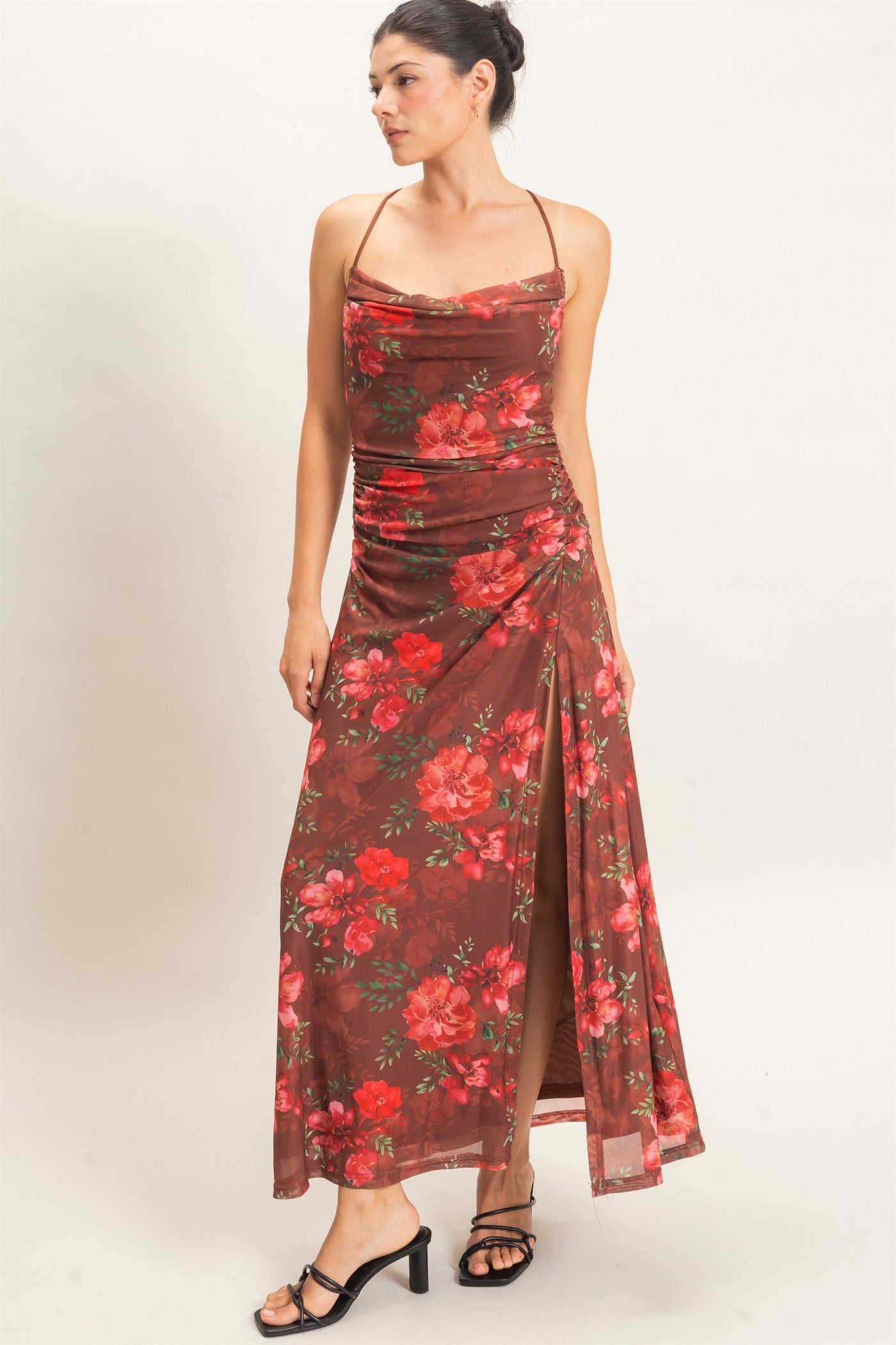 Wholesale Floral Print Spaghetti Strap Dress Dresses HF26E440 BROWN HYFVE