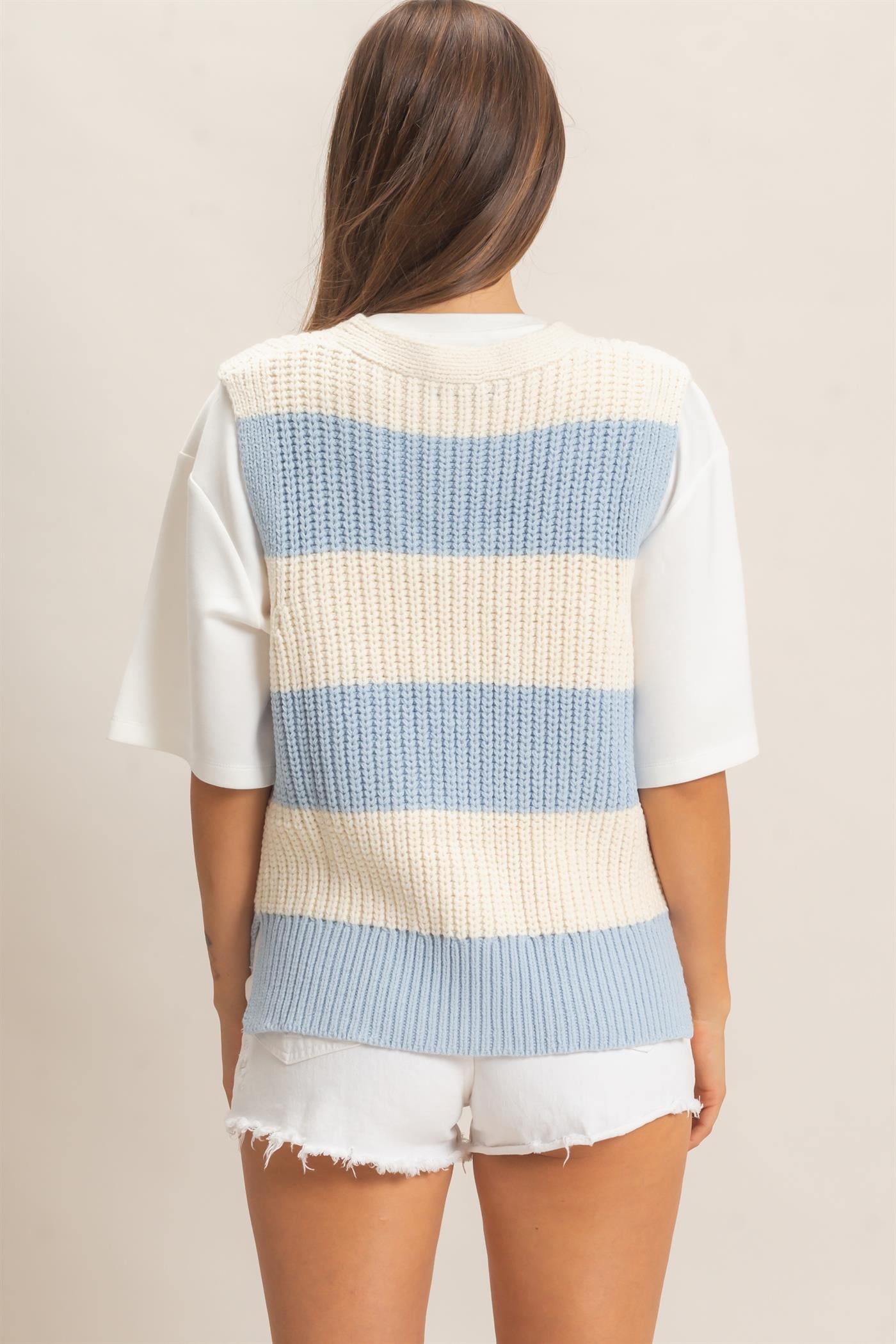 Wholesale V-Neck Striped Sweater Vest Sweaters HF26E482-D BLUE HYFVE