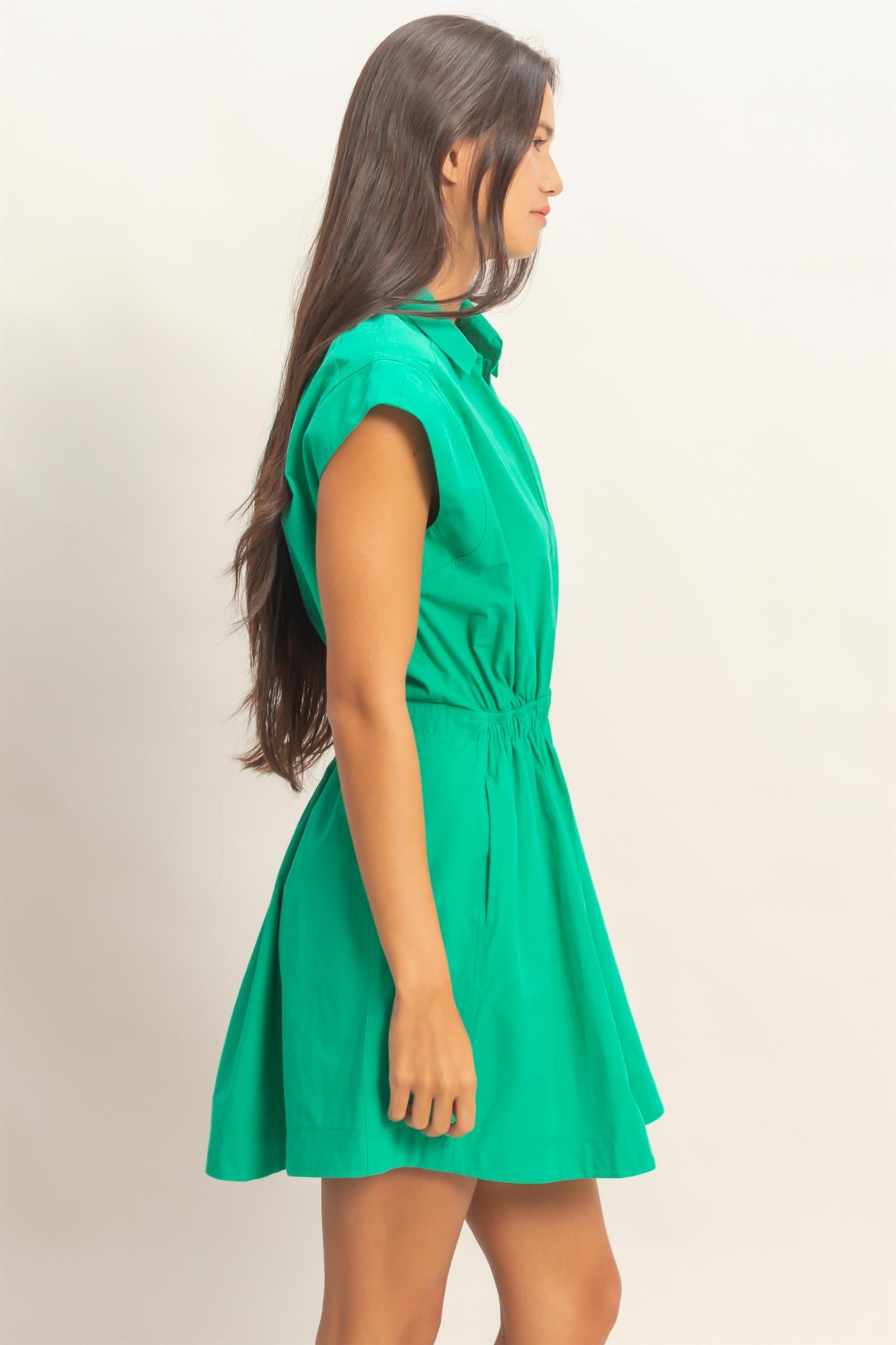 Wholesale Sleeveless Collared Shirred Mini Dress Dresses DZ26A751 GREEN DOUBLE ZERO