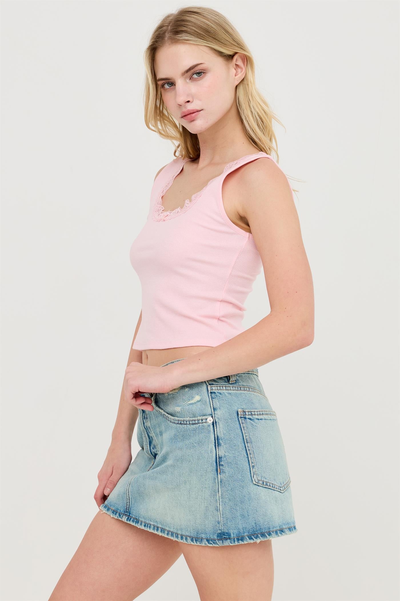 Wholesale Lace Trim Ribbed Tank Top Clothing Tops HF26A295 L.PINK HYFVE