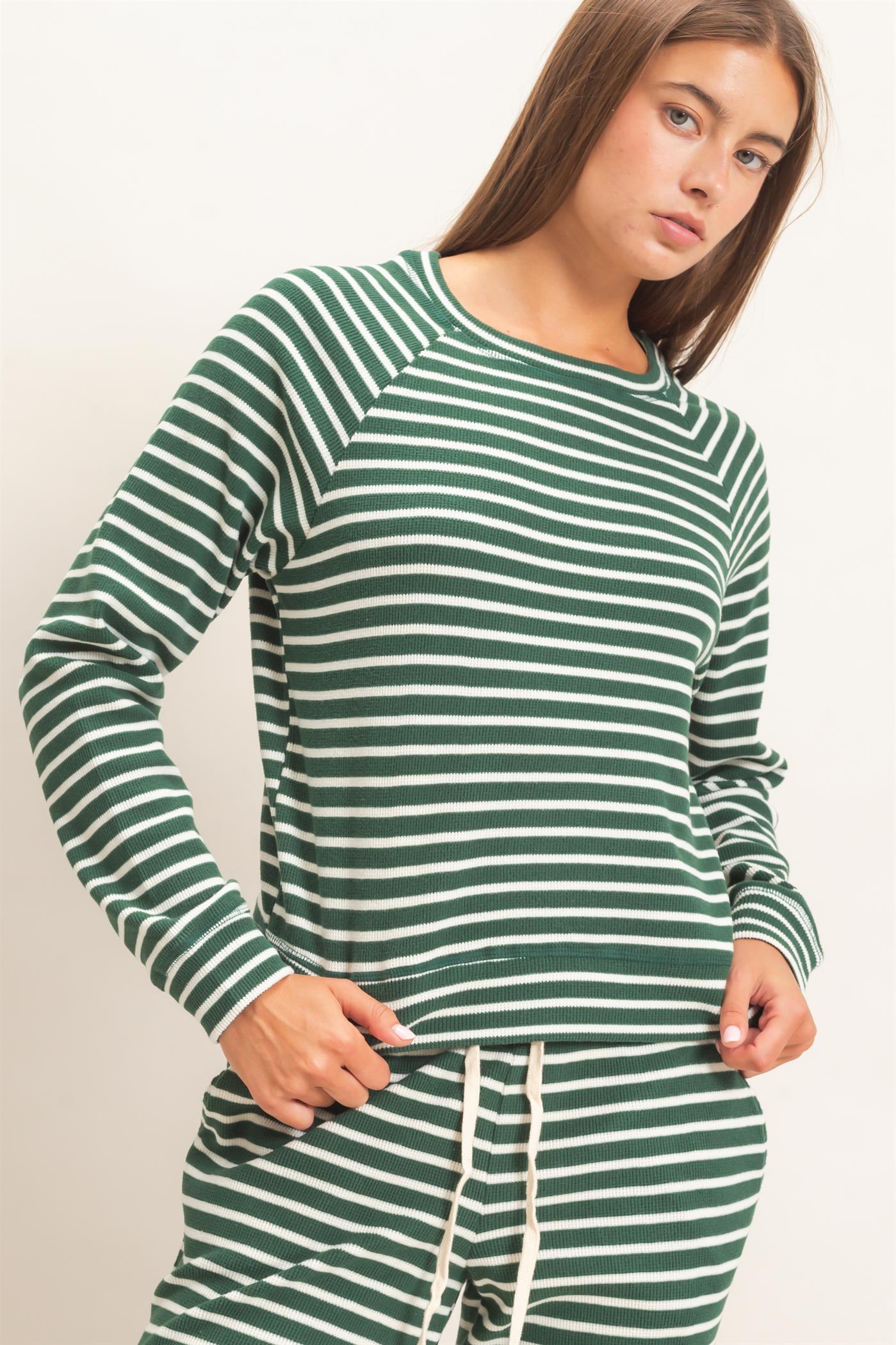 Wholesale Striped Waffle Knit Raglan Top Clothing Tops DZ26E450 DARK GREEN DOUBLE ZERO