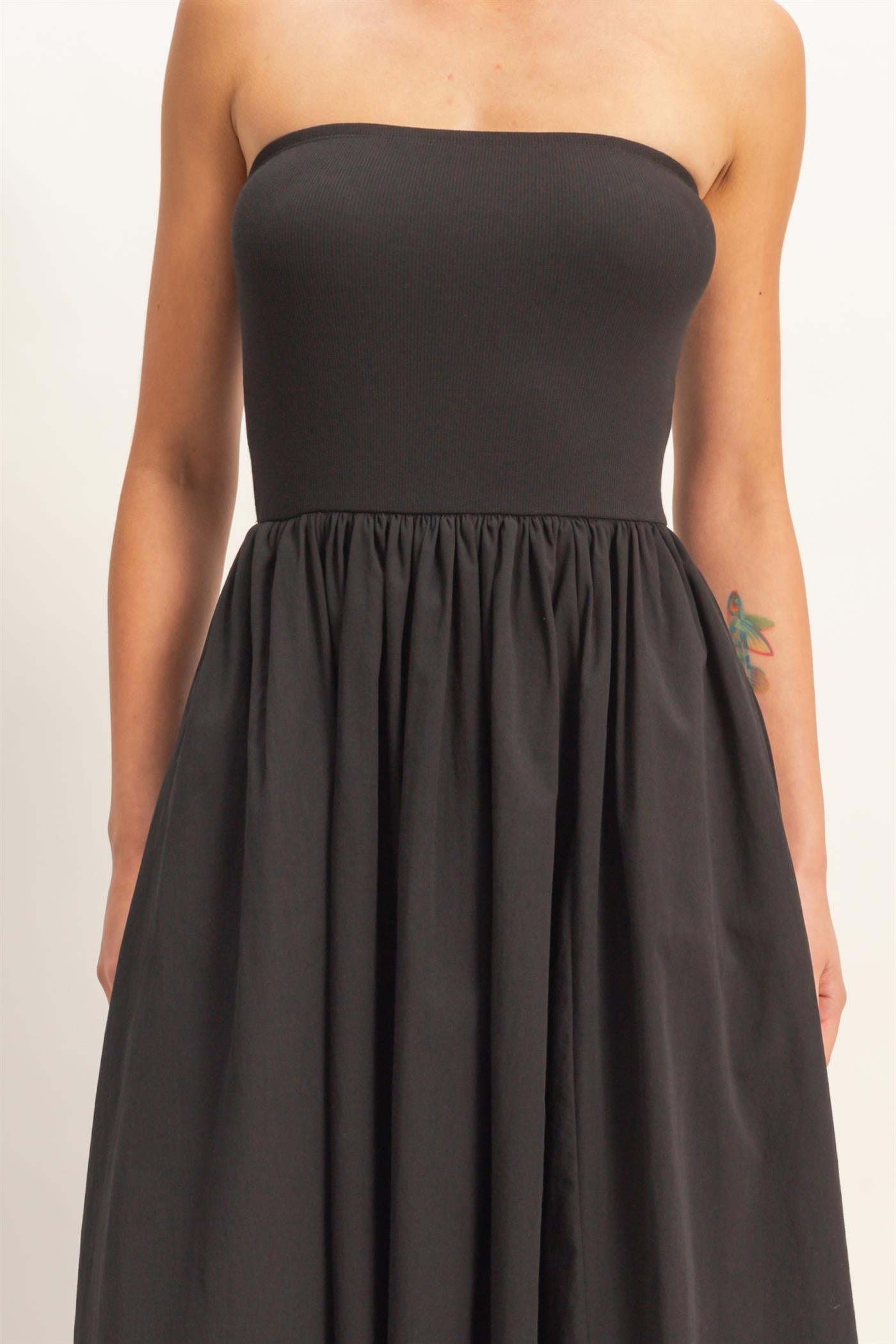 Wholesale Strapless Flowy Midi Dress Dresses DZ26A744 BLACK DOUBLE ZERO