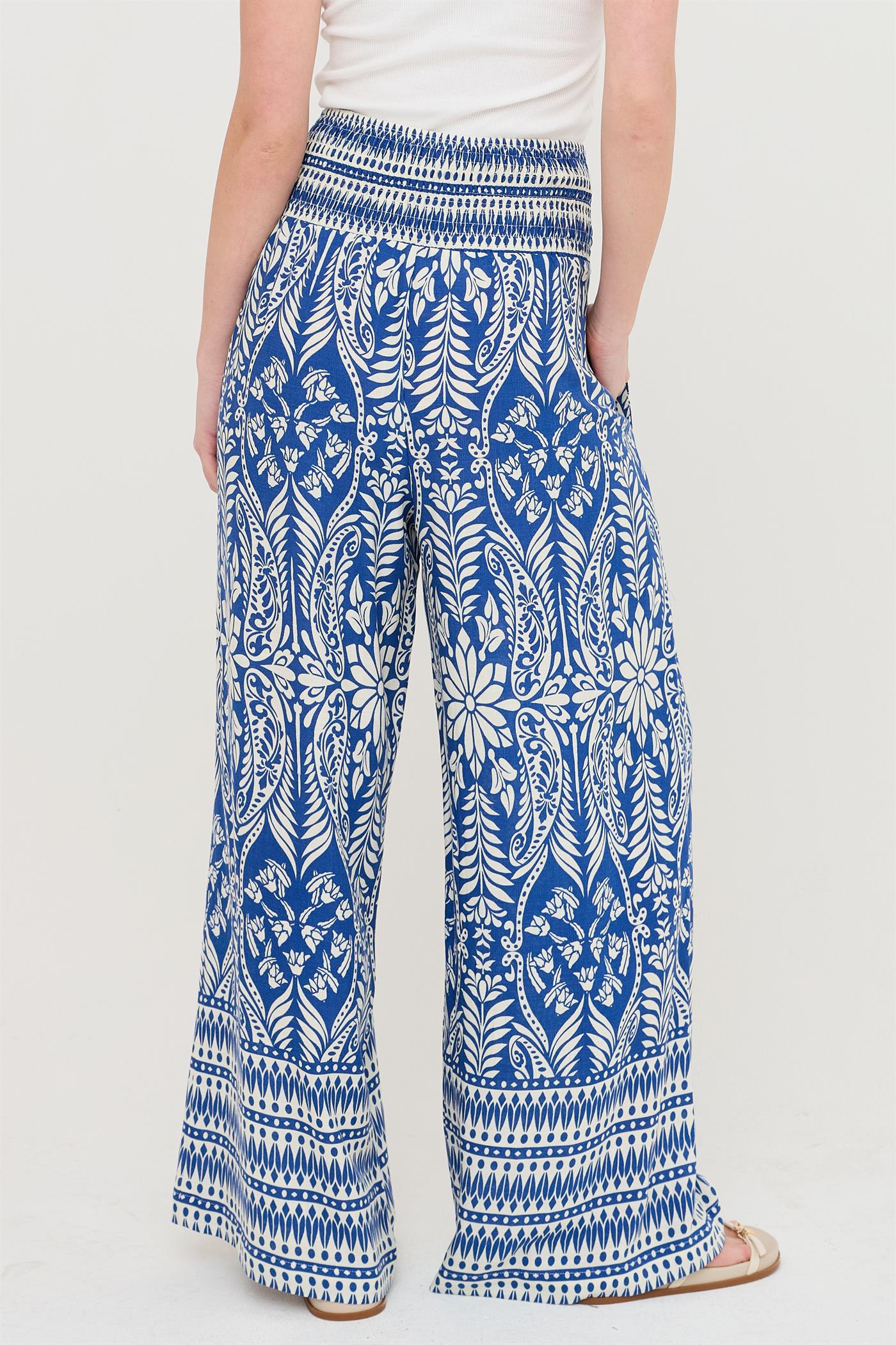 Wholesale Smocked Waist Floral Pants Pants HF26C161-D BLUE HYFVE