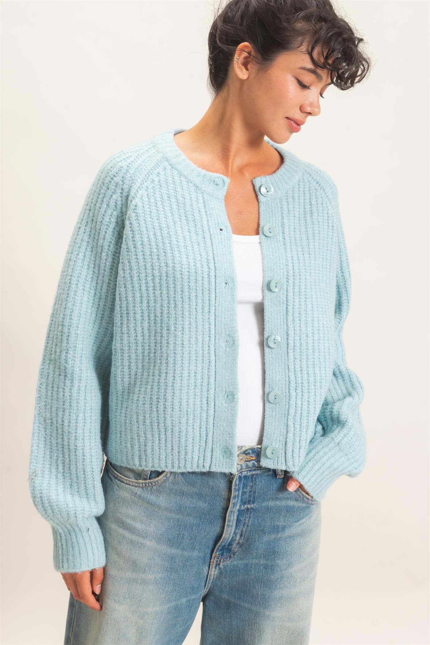 Wholesale Ribbed Button Front Cardigan Cardigans DZ26E109 STEEL BLUE DOUBLE ZERO