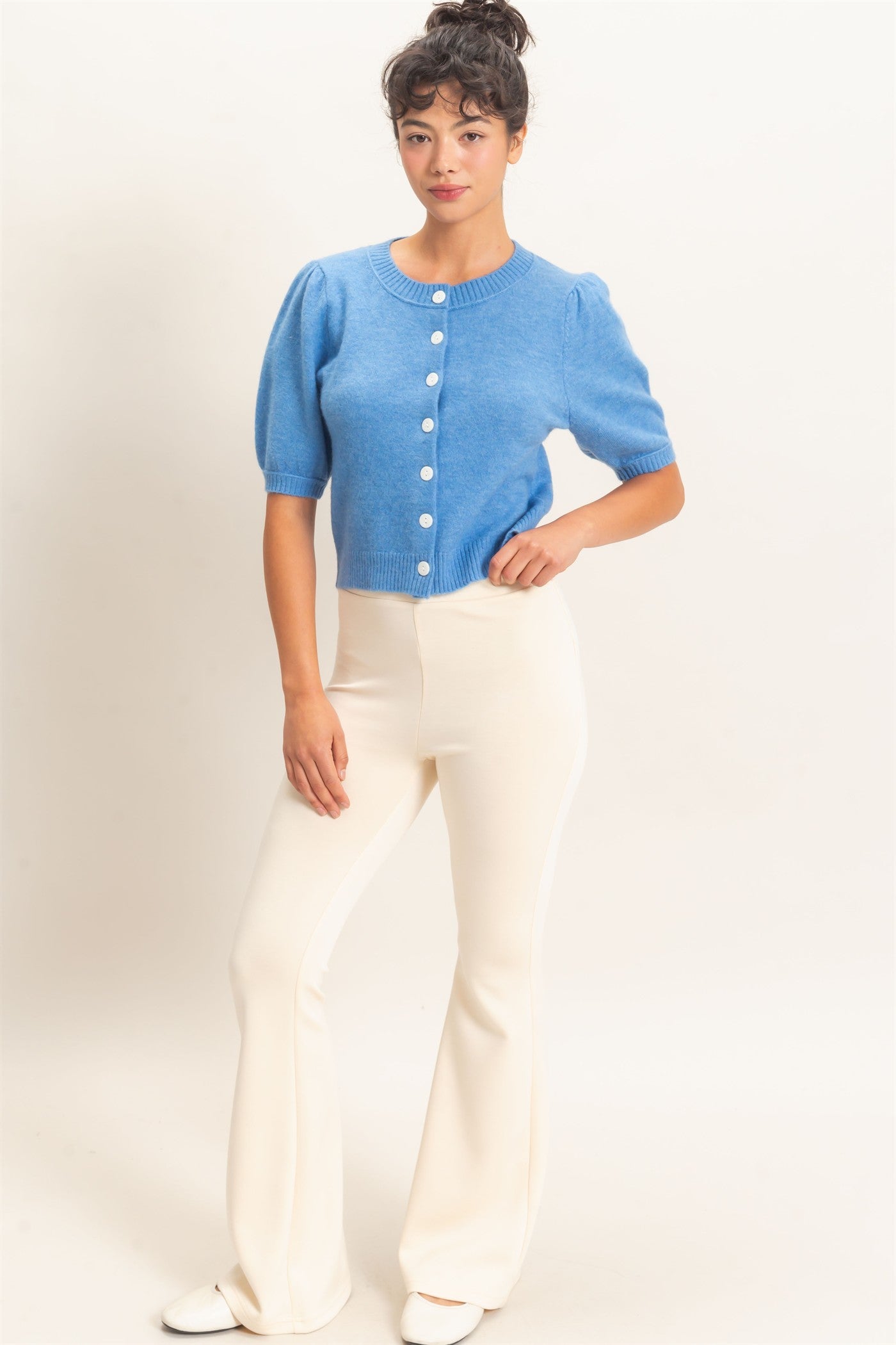 Wholesale Button Front Puff Short Sleeve Cardigan Cardigans DZ26C960 BLUE DOUBLE ZERO