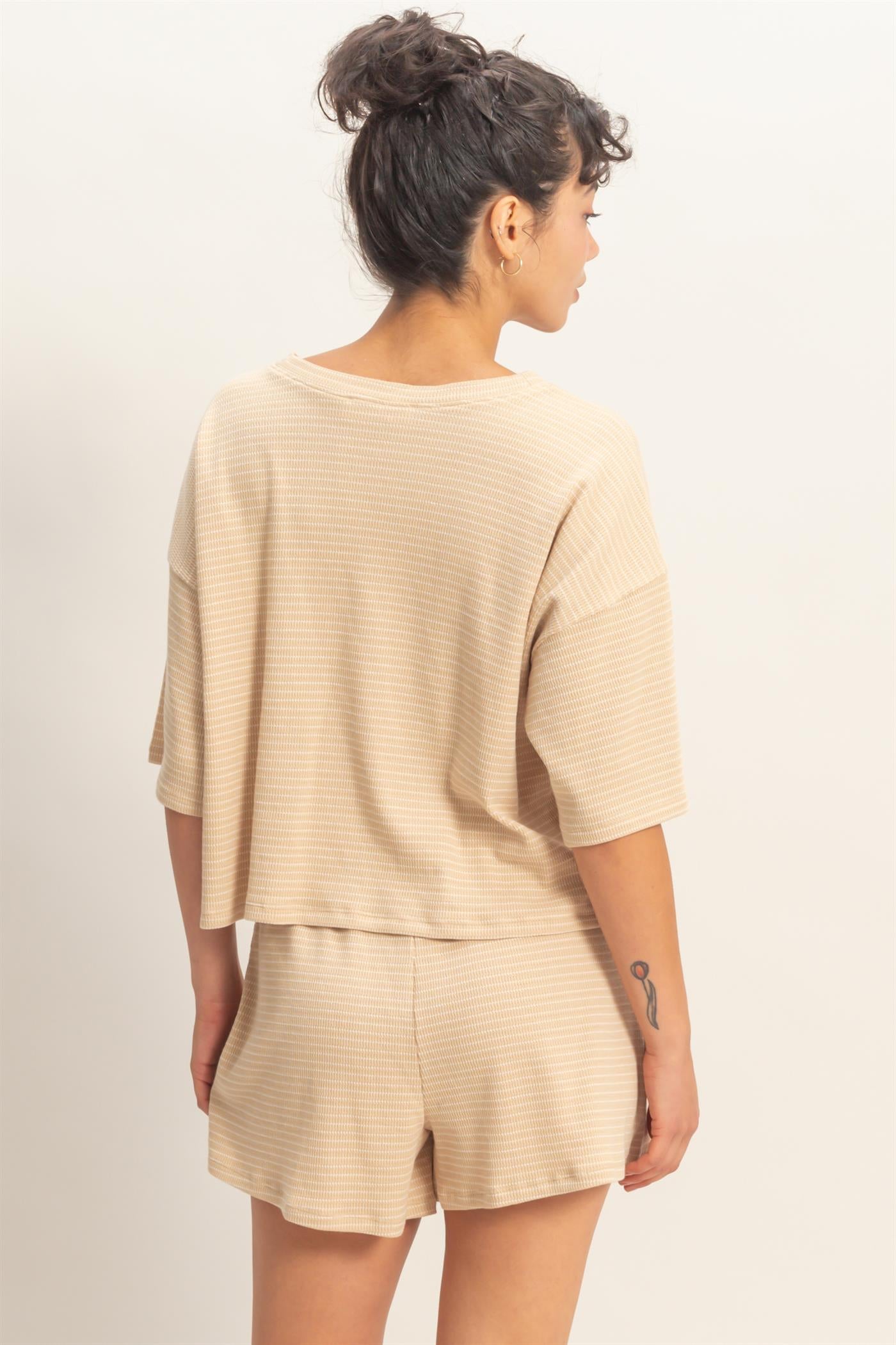 Wholesale Striped Round Neck Top & Shorts Set Clothing DZ26A045-SET TAUPE DOUBLE ZERO