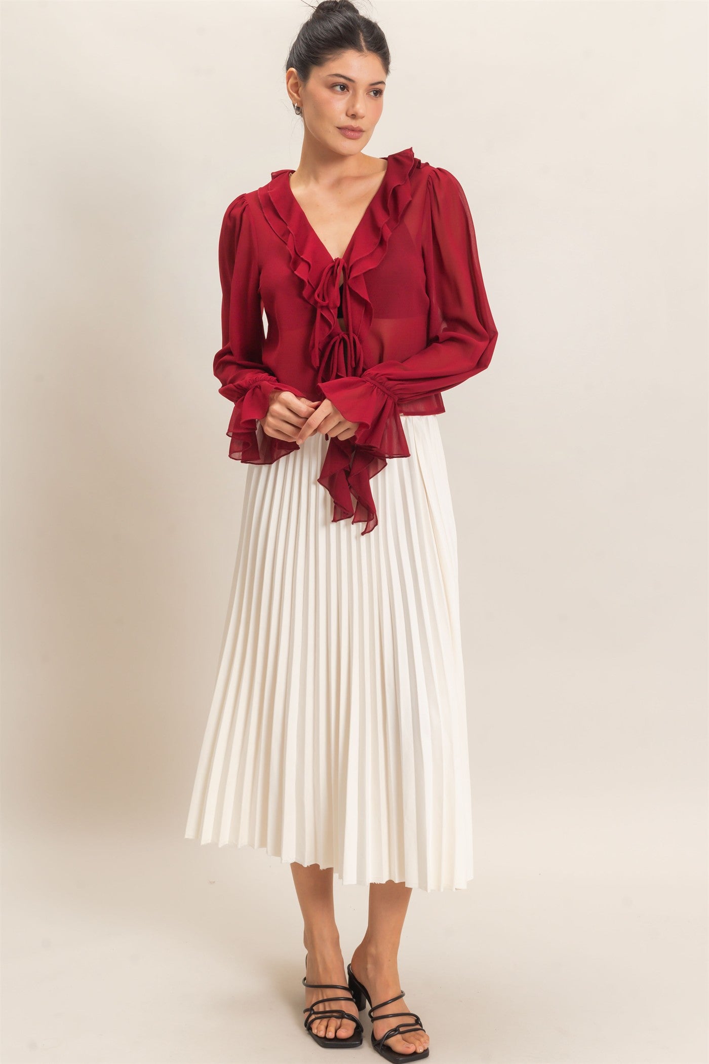Wholesale Ruffled V-Neck Blouse Blouses HF26F066 BURGUNDY HYFVE