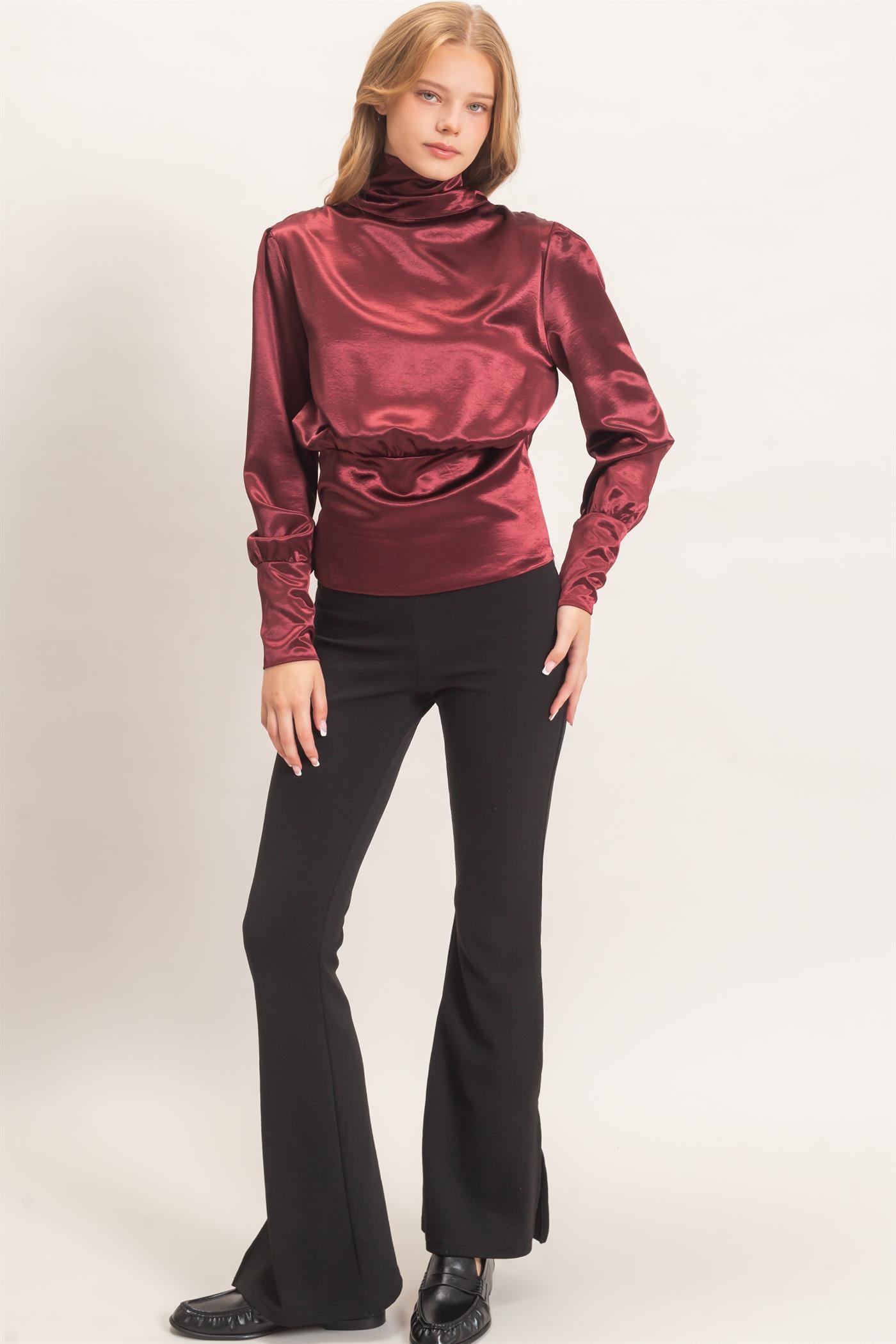 Wholesale Satin Cowl Back Blouse Blouses HF26F113 WINE HYFVE