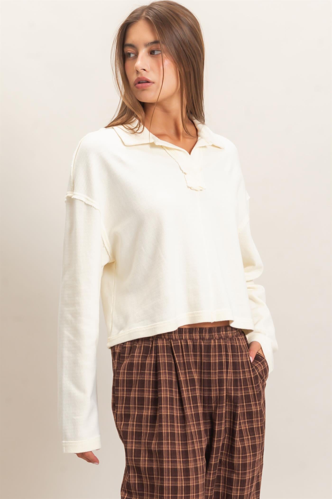 Wholesale Mineral Wash Textured Collar Top Polos DZ26E814 CREAM DOUBLE ZERO