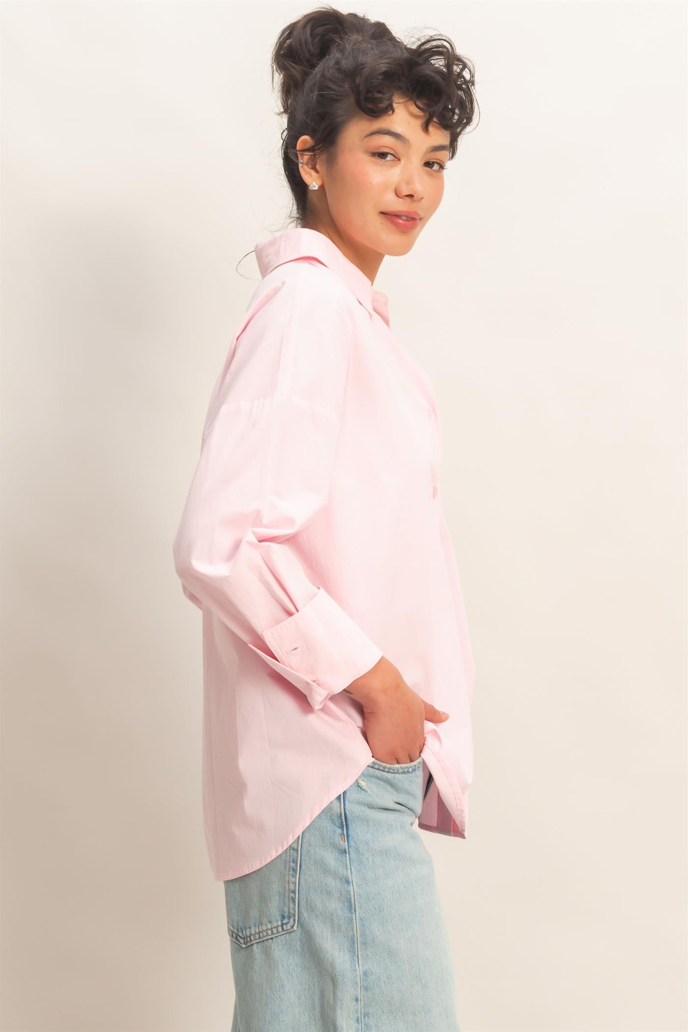 Wholesale Button Up Poplin Shirt Clothing Tops DZ26A330 SOFT PINK HYFVE