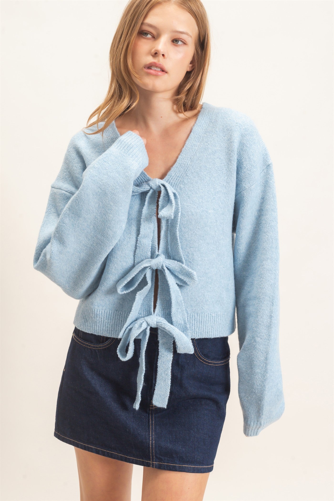 Wholesale Two-Way Bow Tie Sweater Sweaters HF26E167 DUSTY BLUE HYFVE
