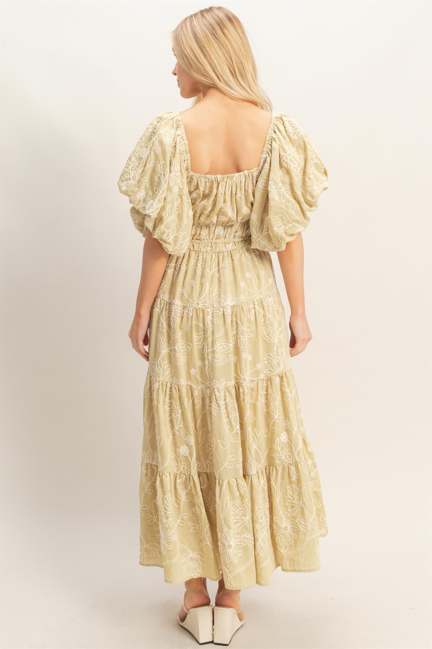 Wholesale Floral Puff Sleeve Midi Dress Dresses HF26C777-D LIGHT SAGE HYFVE