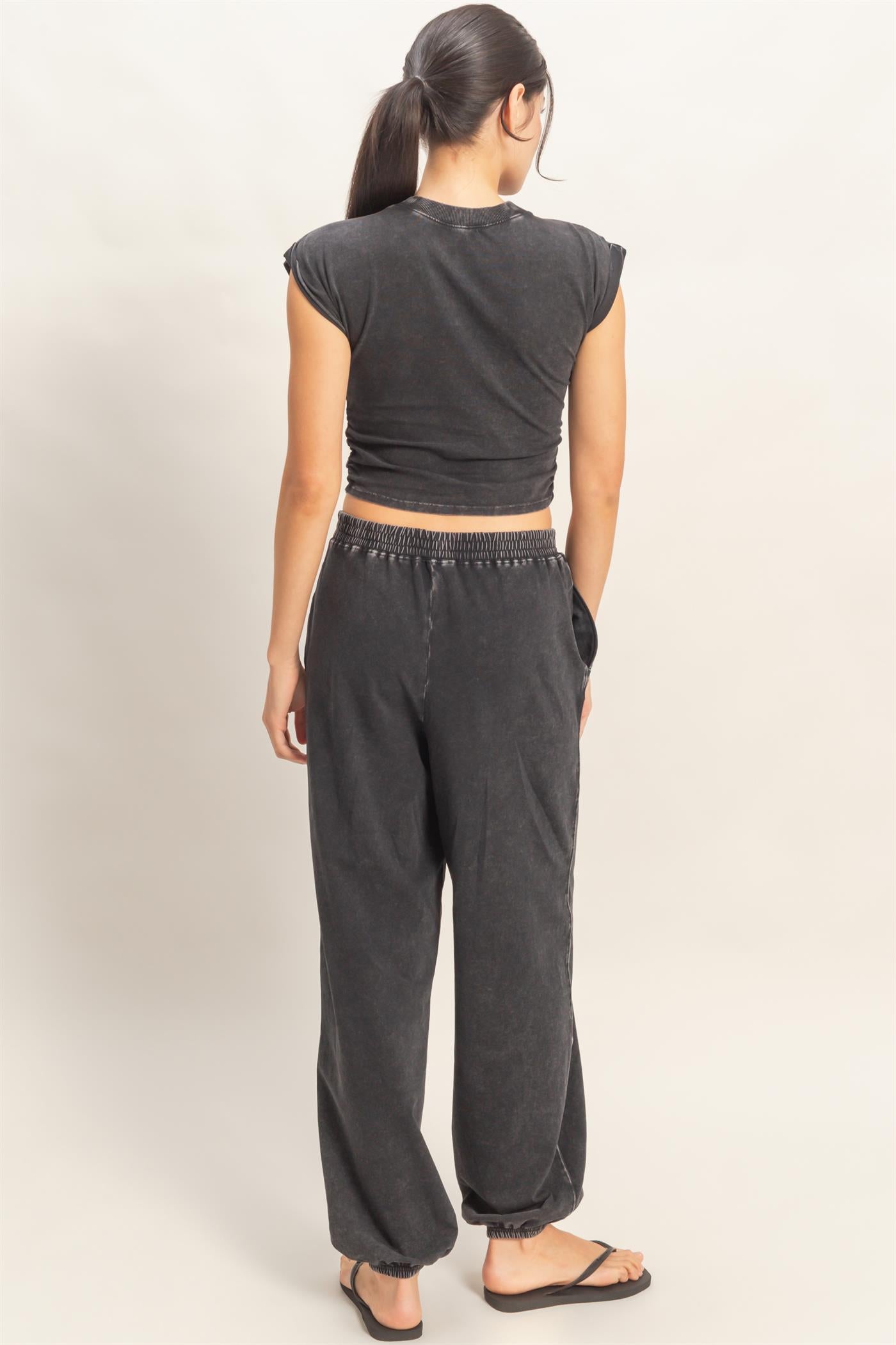 Wholesale Rolled Sleeve Wrap-Front Crop Top And Jogger Set Clothing DZ26A172-SET BLACK DOUBLE ZERO
