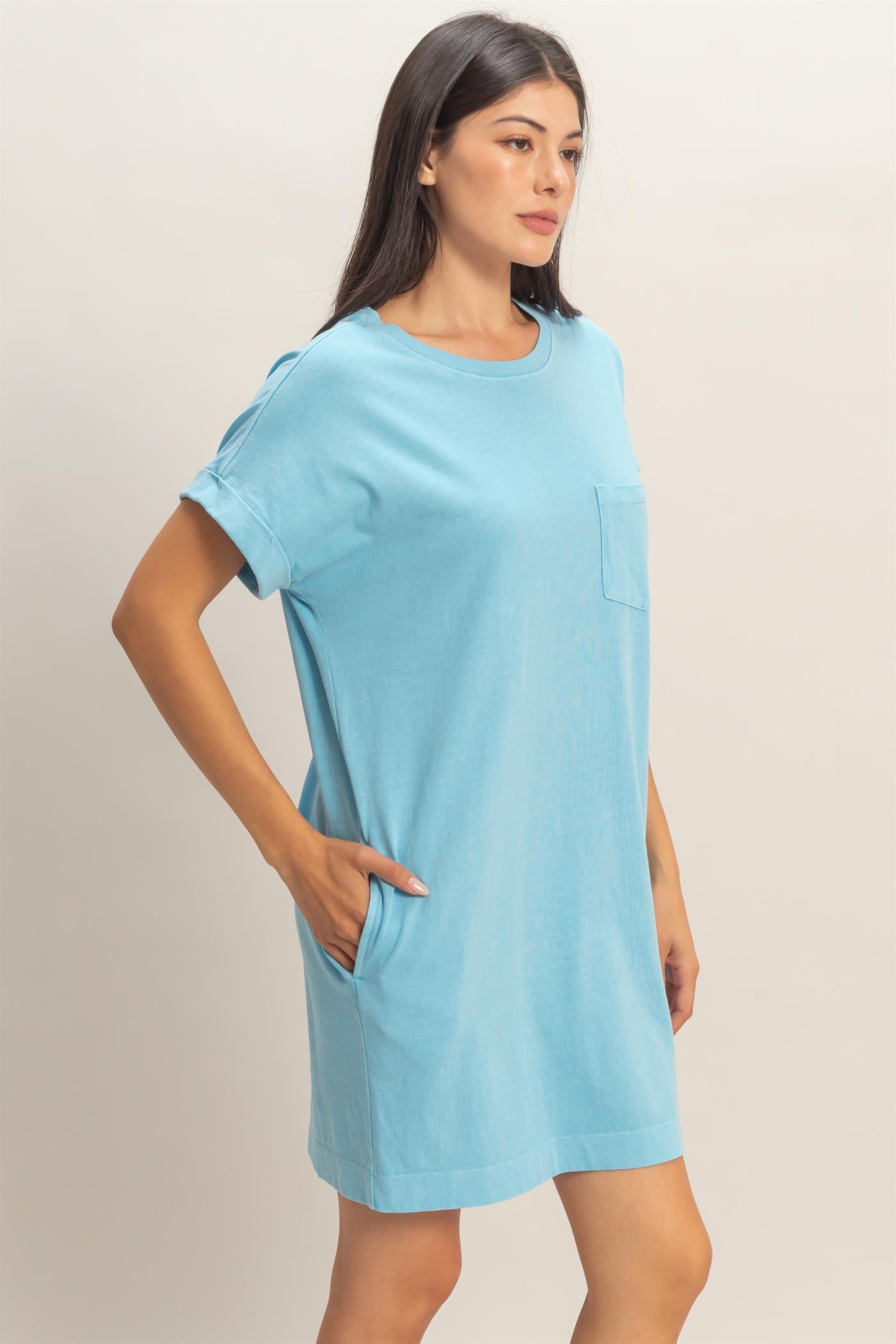 Wholesale Round Neck T-Shirt Mini Dress Dresses DZ26A029 BLUE DOUBLE ZERO