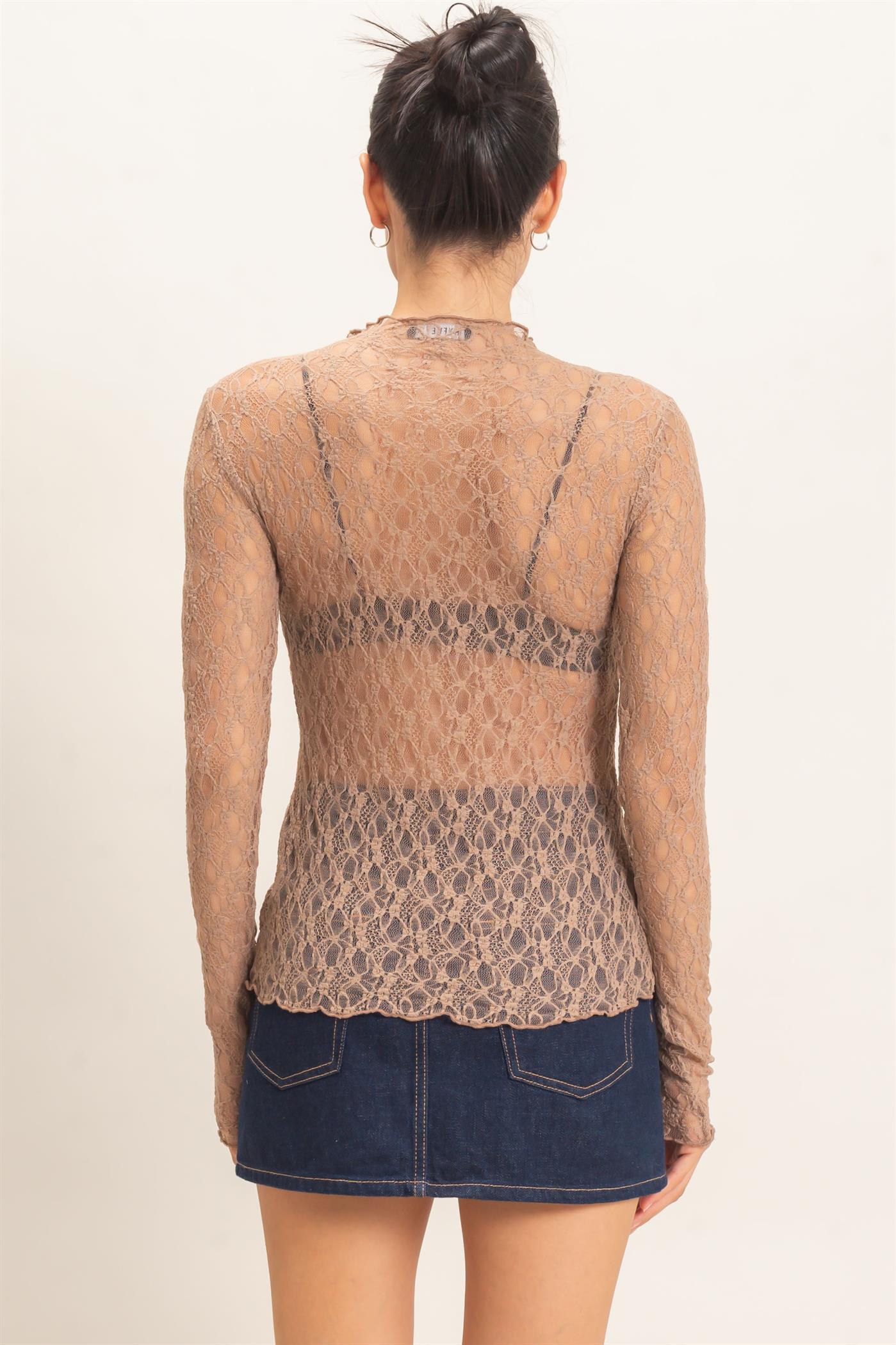 Wholesale Lace Mock Neck Long Sleeve Top Clothing Tops HF26E033-D LIGHT BROWN HYFVE