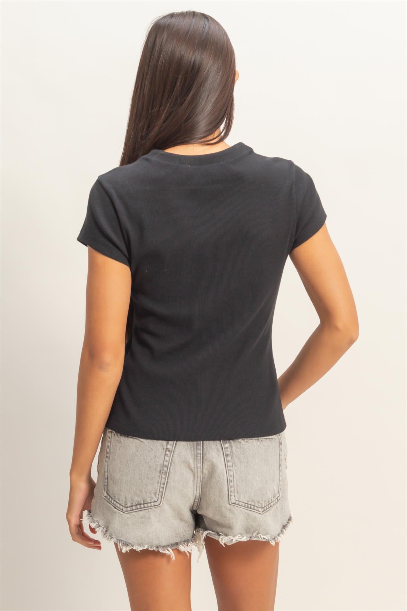 Wholesale Ribbed Button-Front Crew Neck Top Clothing Tops DZ26A727 BLACK DOUBLE ZERO