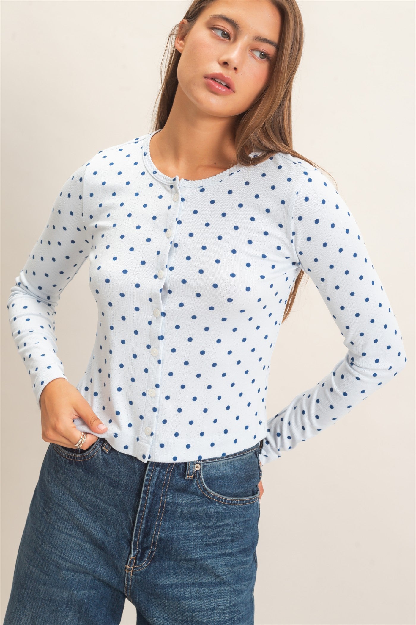 Wholesale Polka Dot Button Front Long Sleeve Top Clothing Tops DZ27A156 LIGHT BLUE DOUBLE ZERO