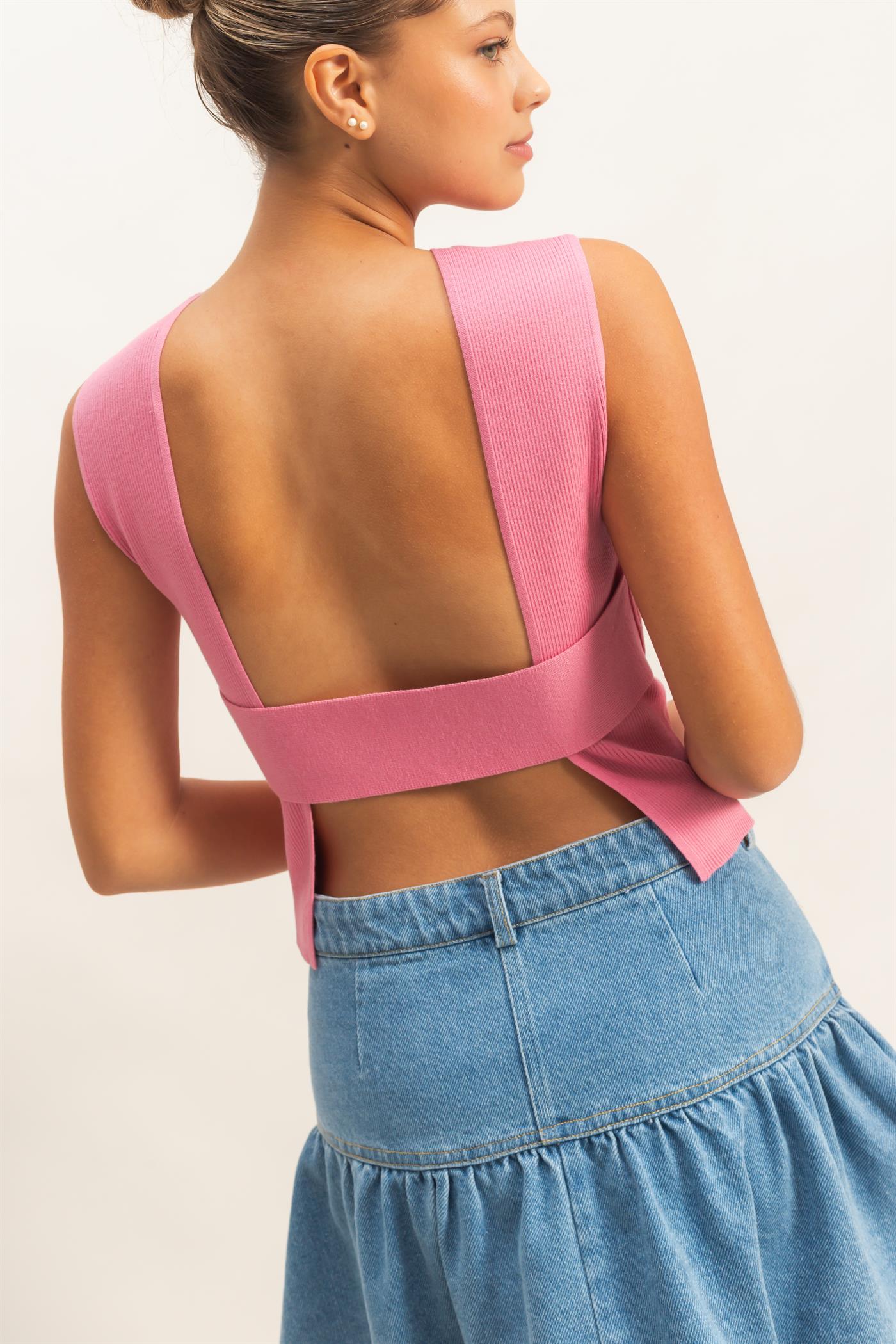 Wholesale Ribbed Crew Neck Sleeveless Open Back Top Clothing Tops DZ26C692 PINK DOUBLE ZERO