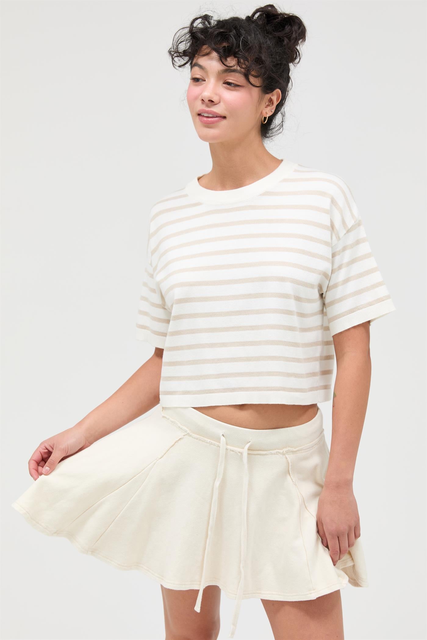 Wholesale Round Neck Striped Crop Top Clothing Tops DZ26A051 TAUPE DOUBLE ZERO