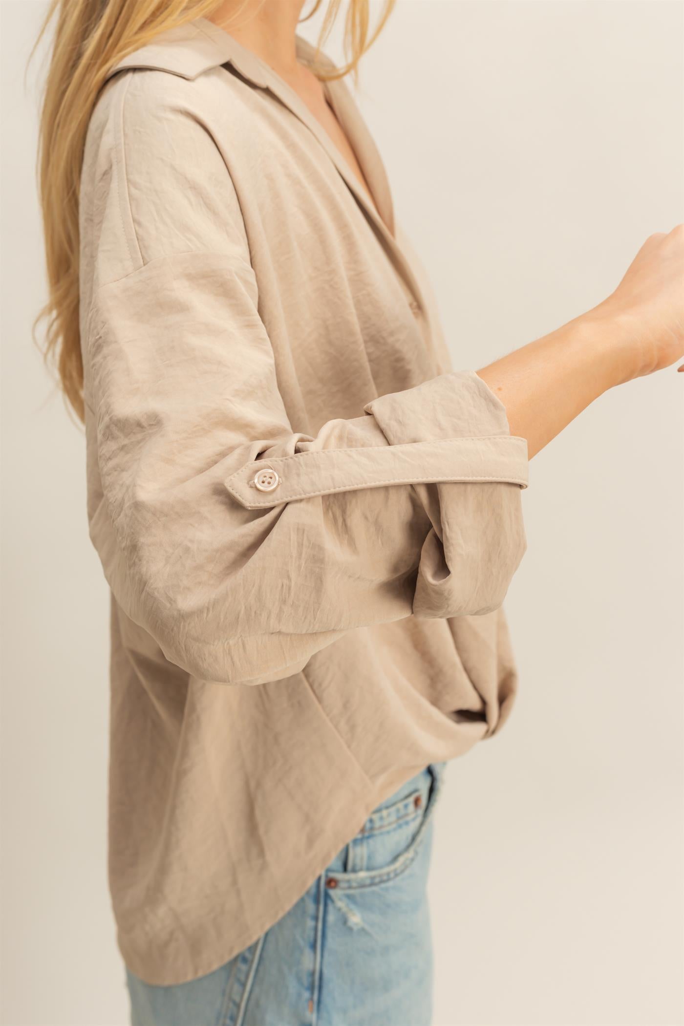 Wholesale Button-Down Blouse With Flowing Fit Clothing Tops HF25C543 BEIGE HYFVE