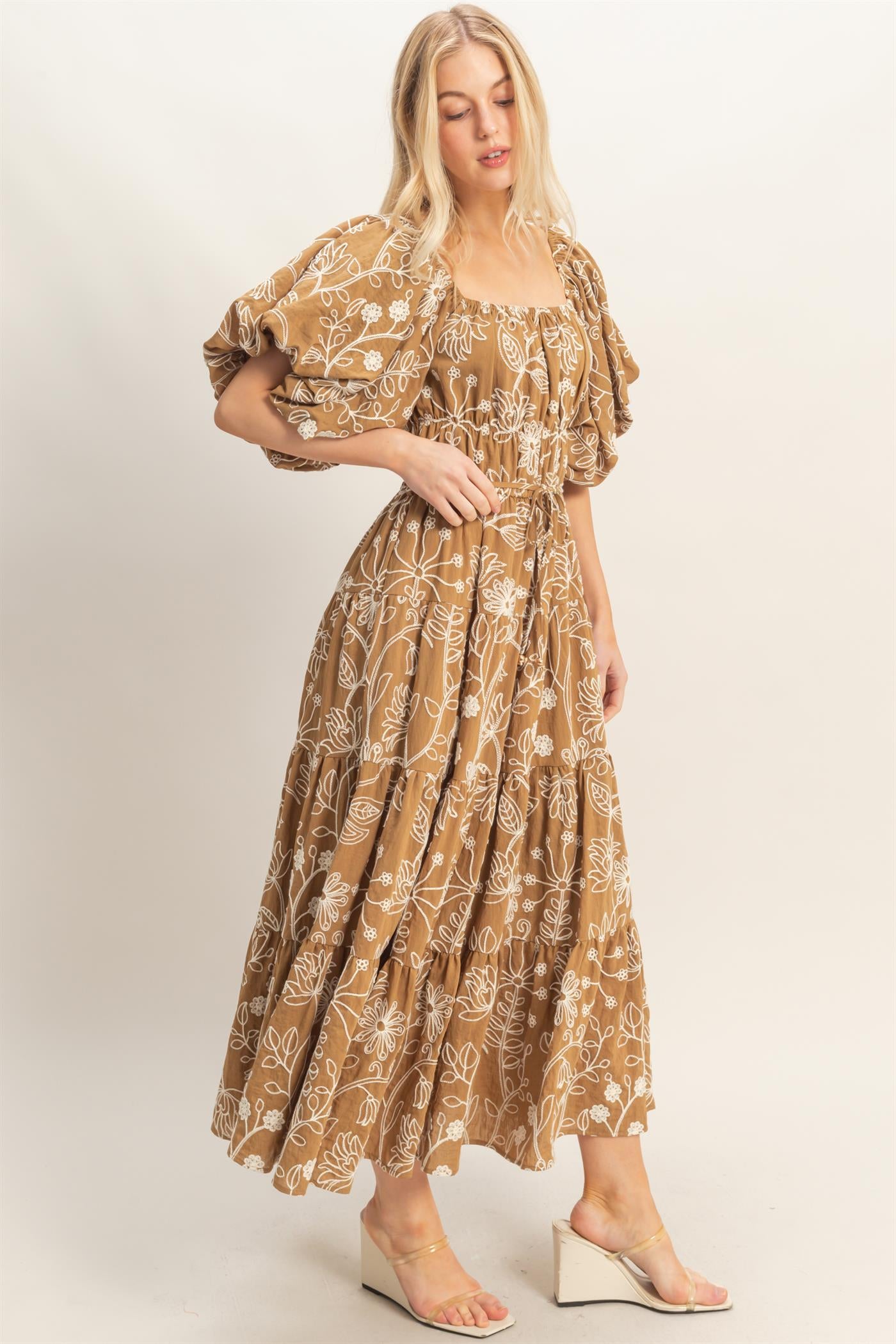 Wholesale Floral Puff Sleeve Midi Dress Dresses HF26C777-D LIGHT BROWN HYFVE