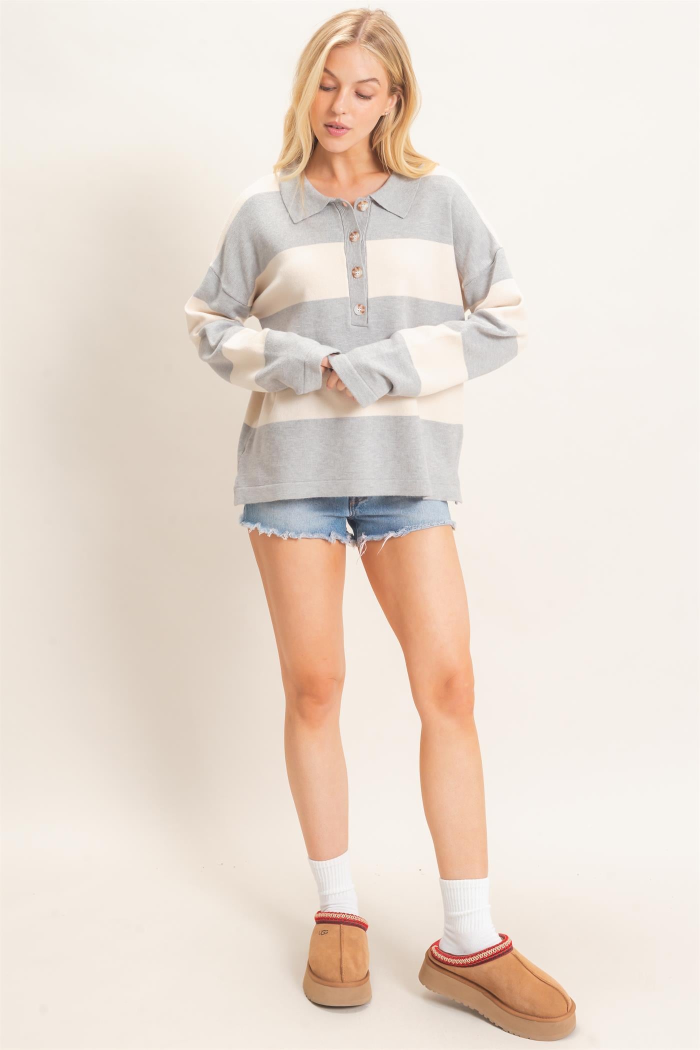 Wholesale Striped Button-Up Sweater Sweaters HF26F198 HEATHER GRAY HYFVE