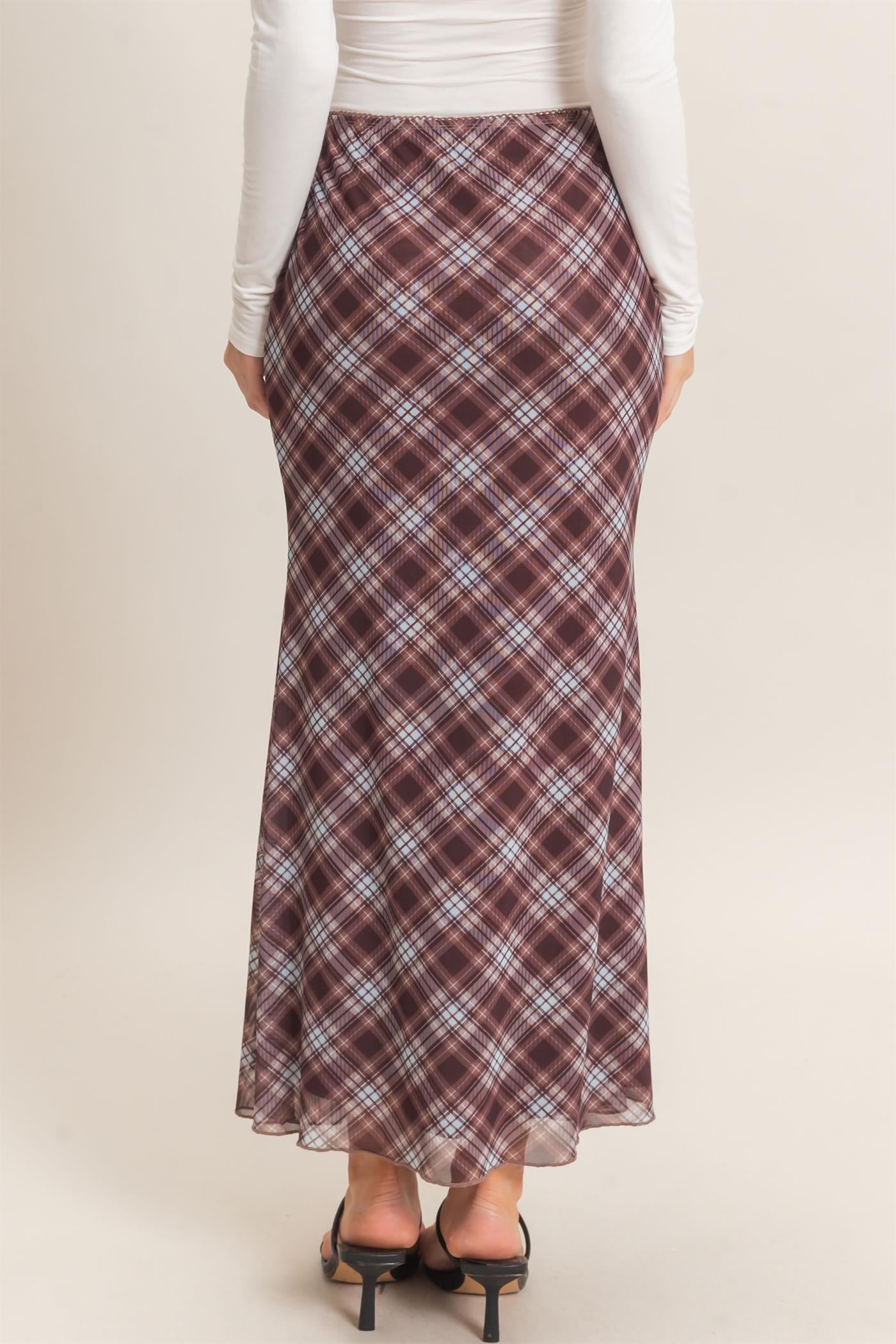 Wholesale Printed Mesh Maxi Skirt Skirts HF26F214 BROWN/PLAID HYFVE